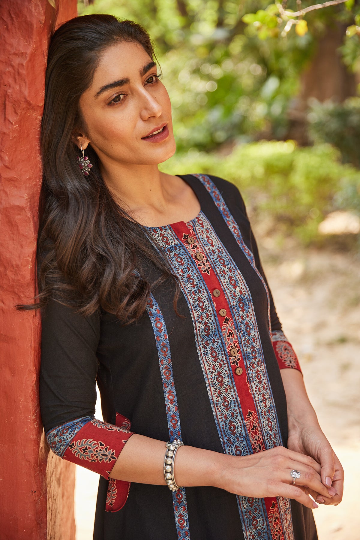 Multi Panel Ajrakh Print A-Line Kurta Dress With Pockets