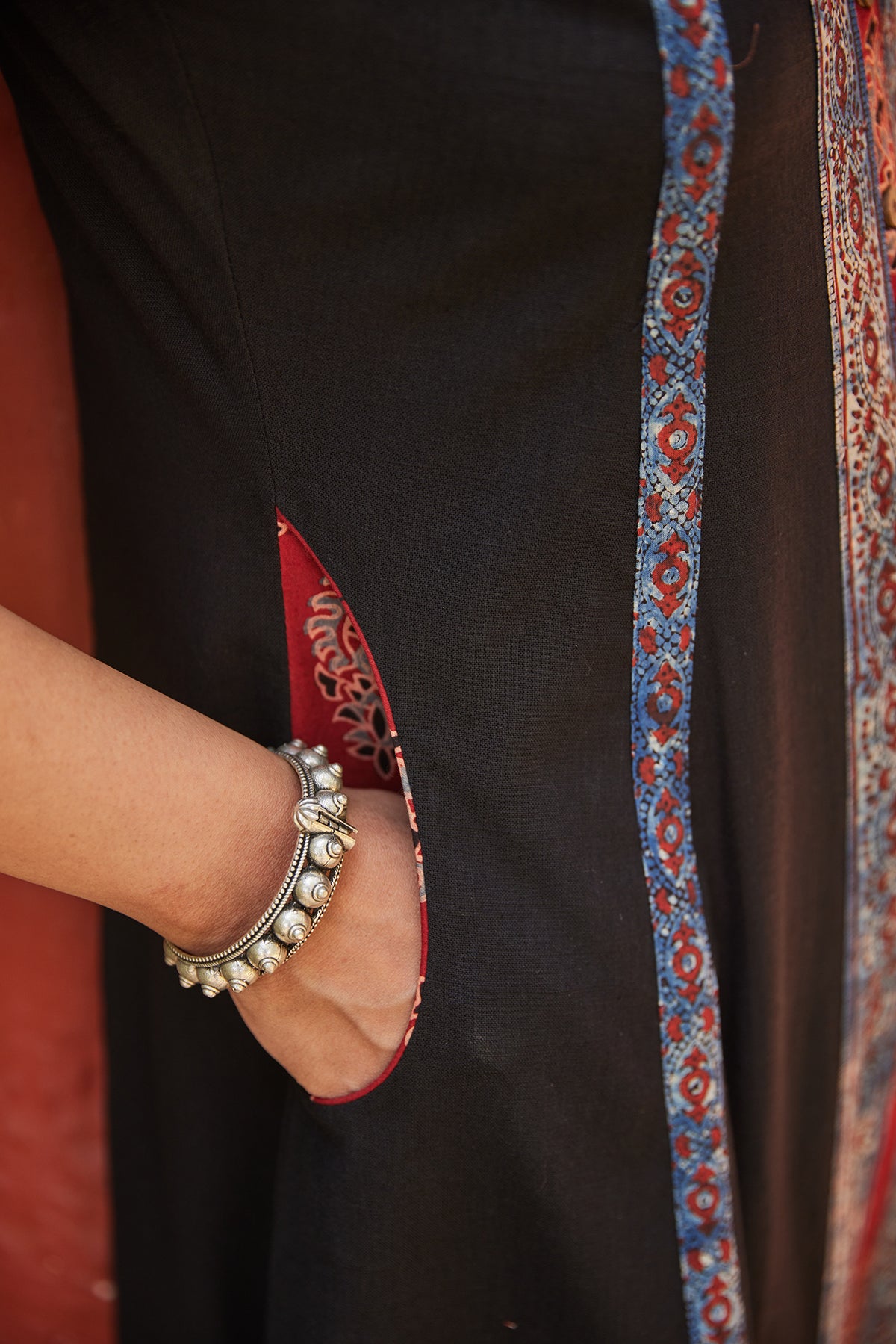 Multi Panel Ajrakh Print A-Line Kurta Dress With Pockets