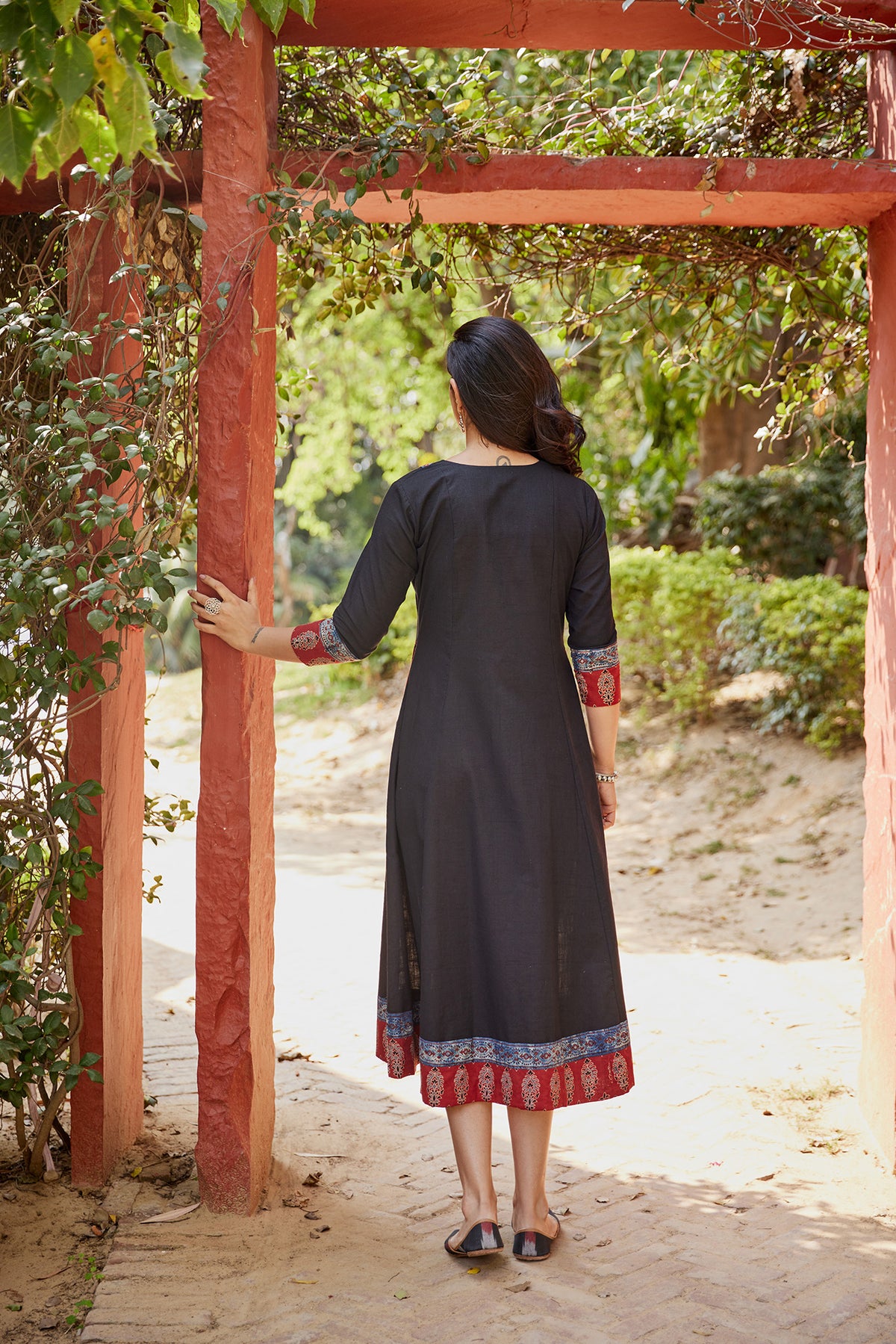 Multi Panel Ajrakh Print A-Line Kurta Dress With Pockets