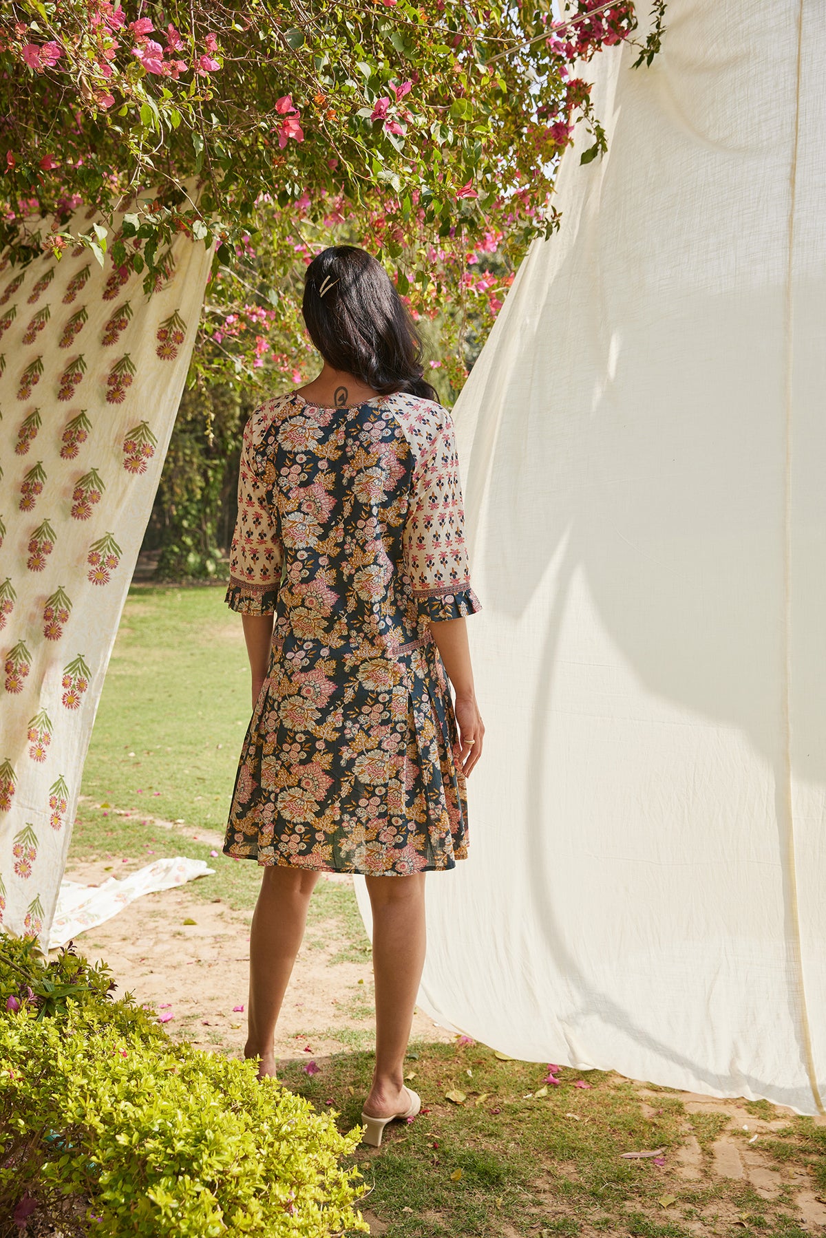 Sanganeri Floral Printed Knee Length Pleated Summer Dress
