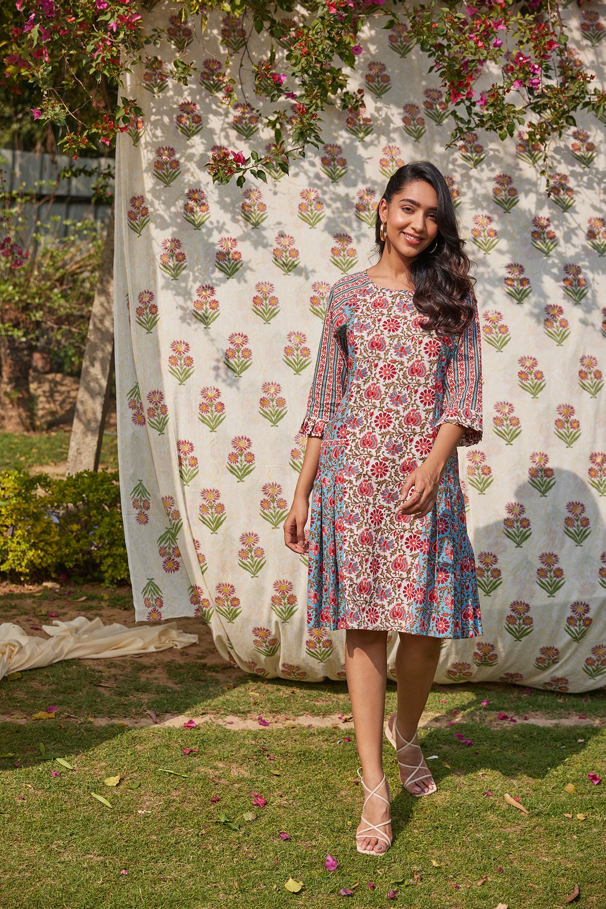 Sanganeri Printed Knee Length Pleated Floral Dress