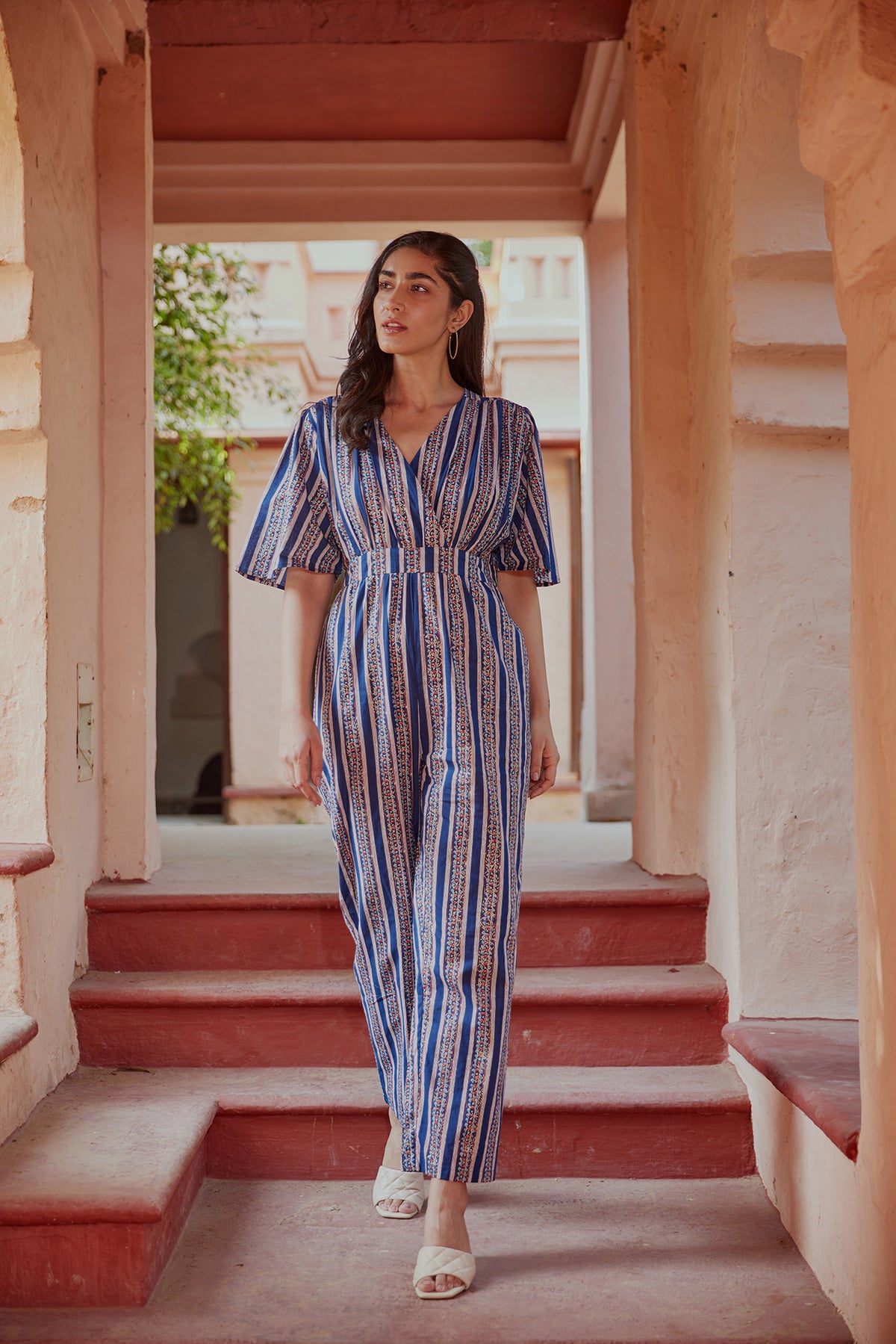 Floral Striped Sanganeri Print Ethnic Jumpsuit