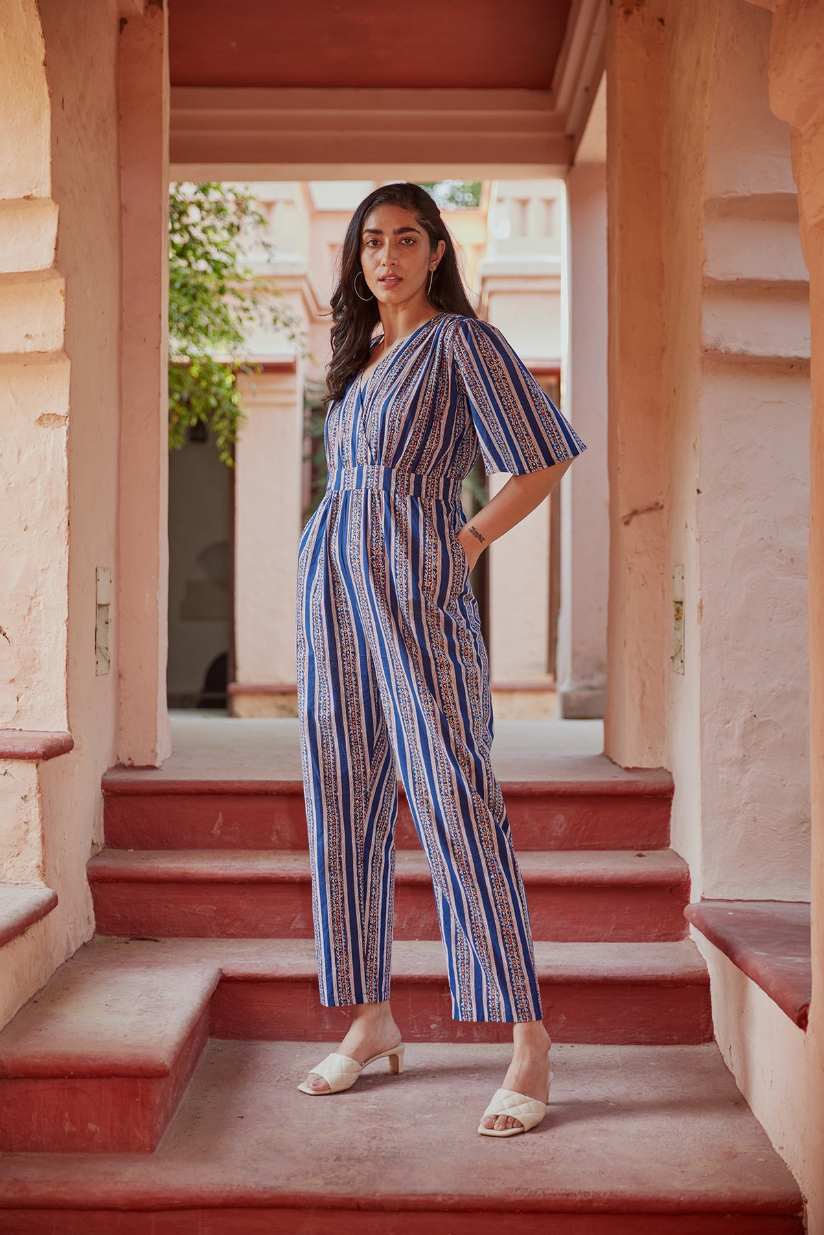 Floral Striped Sanganeri Print Ethnic Jumpsuit