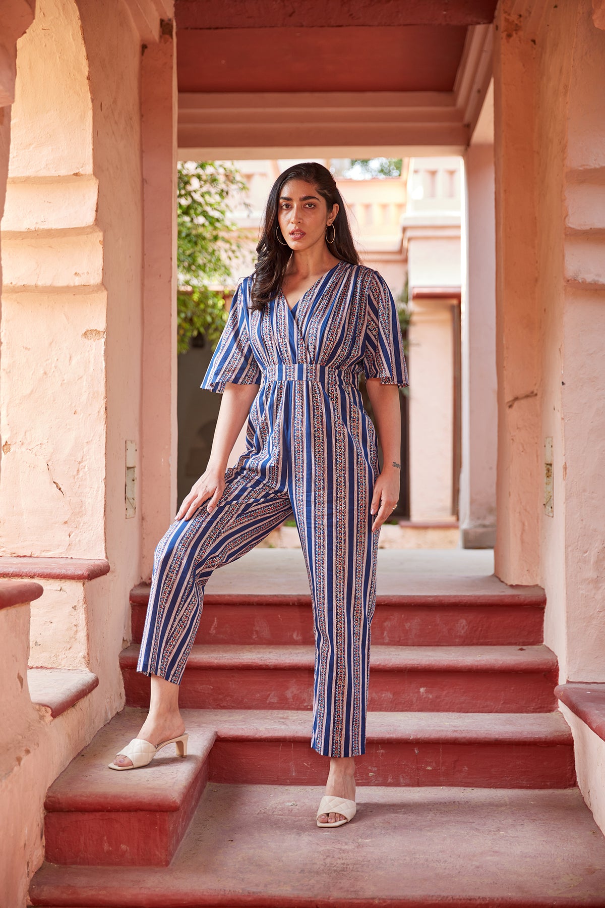 Floral Striped Sanganeri Print Ethnic Jumpsuit
