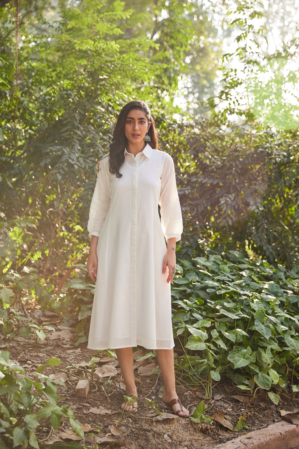 White Solid Shirt Dress