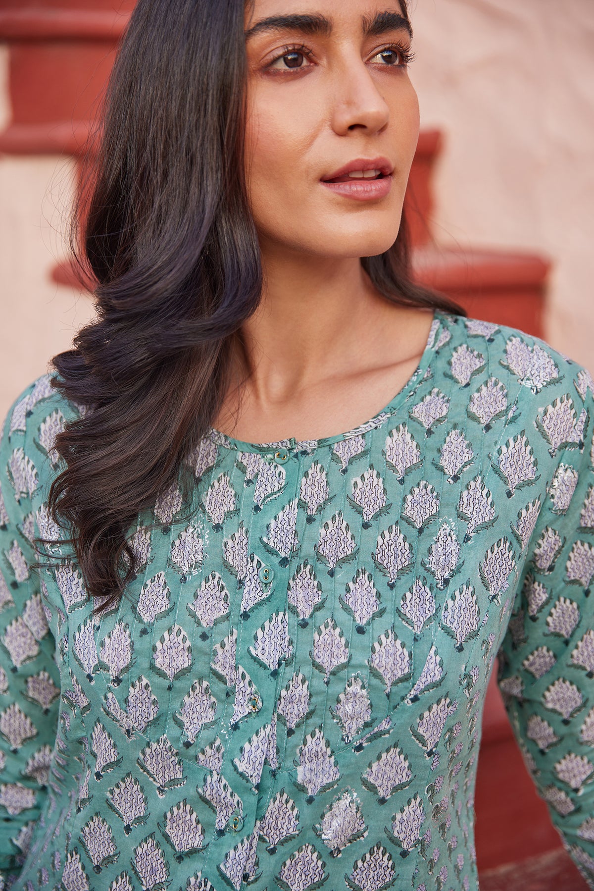 Handblocked turquoise straight dress with front buttons and pockets