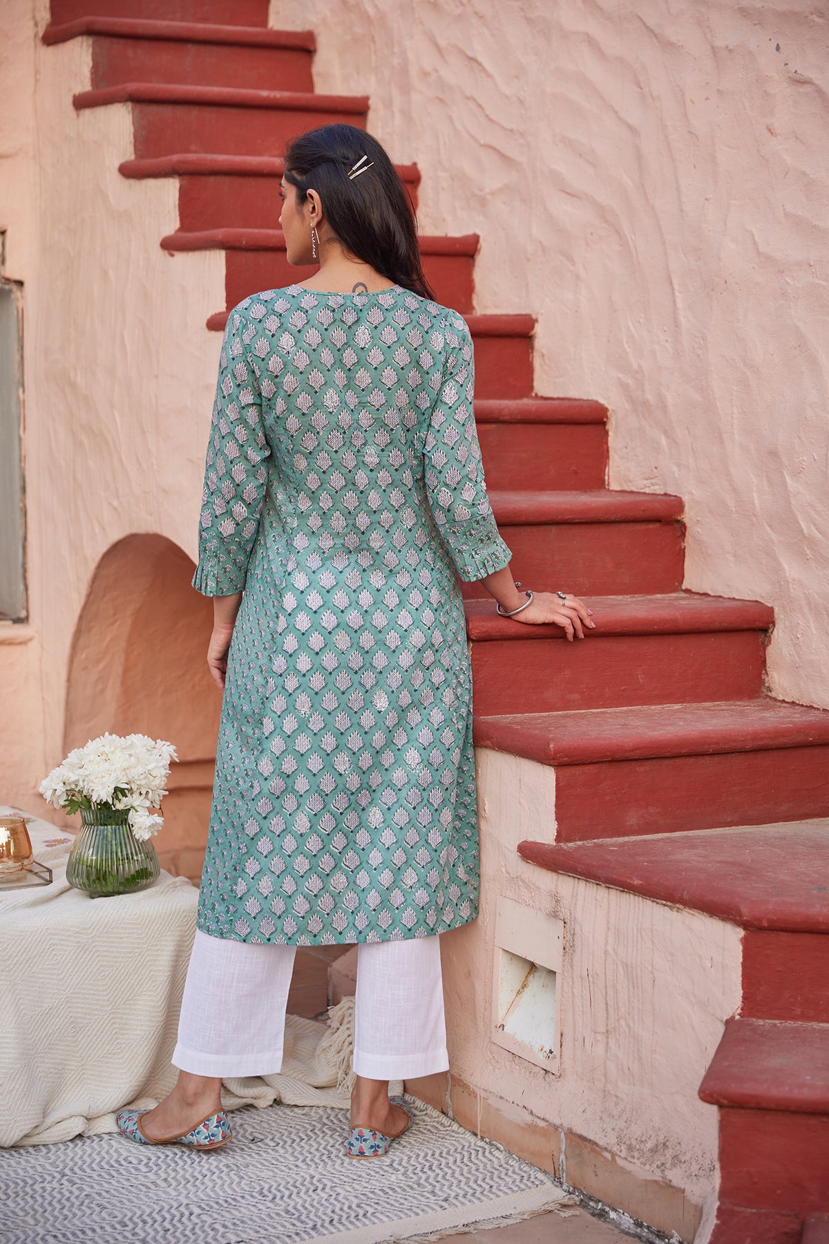 Handblocked turquoise straight dress with front buttons and pockets