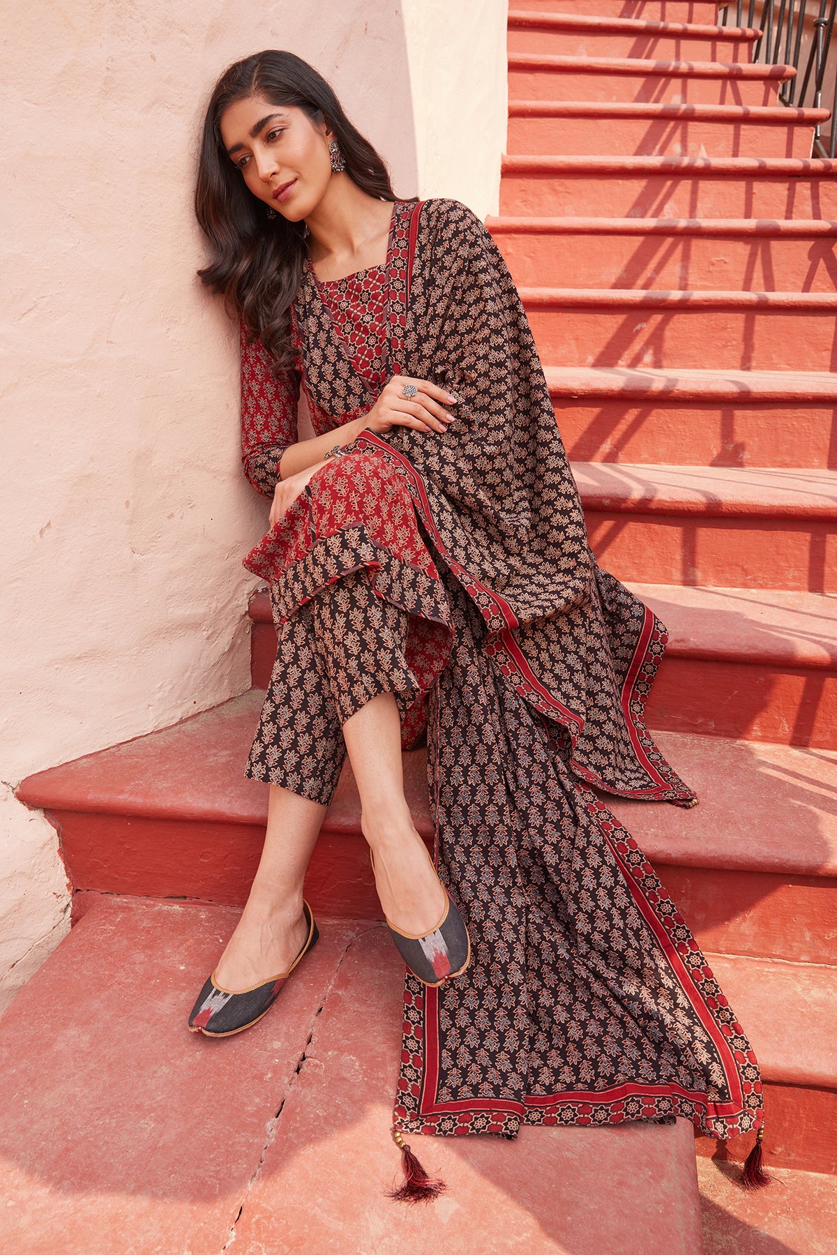 Ajrakh Handblock Printed Premium Cotton Dupatta With Tassels