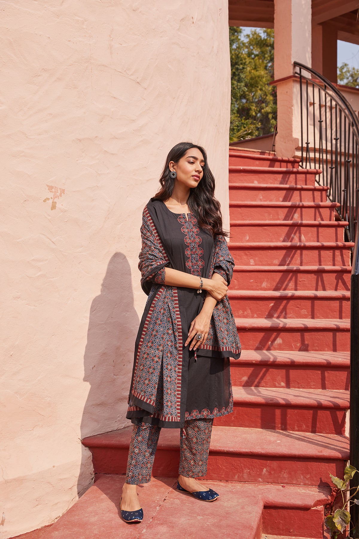 Solid Black Kurta With Embroidered Ajrakh Applique