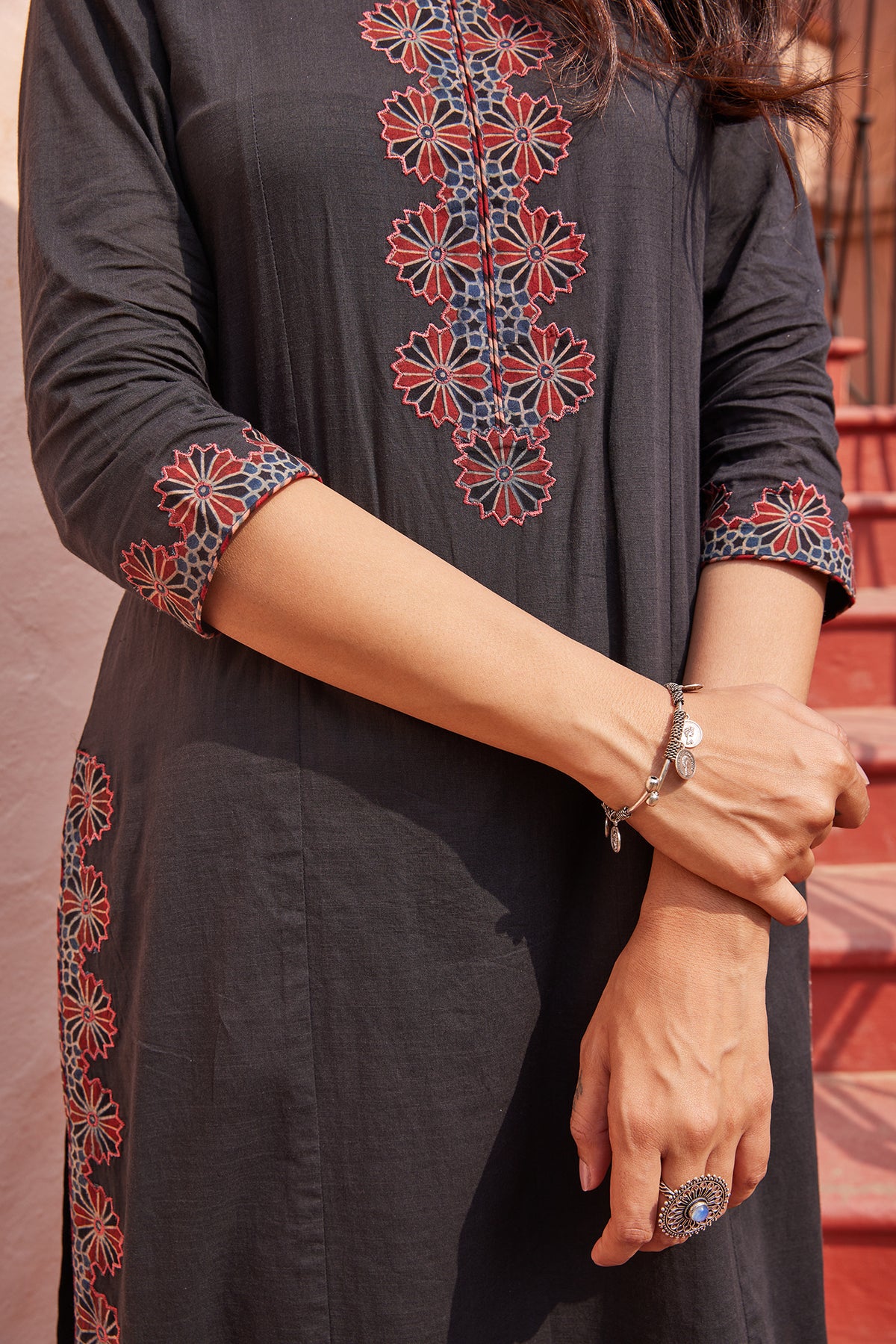 Solid Black Kurta With Embroidered Ajrakh Applique