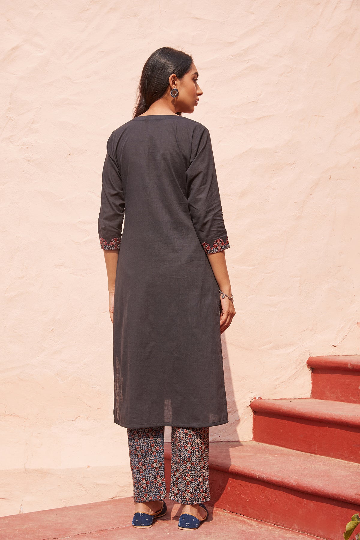 Solid Black Kurta With Embroidered Ajrakh Applique