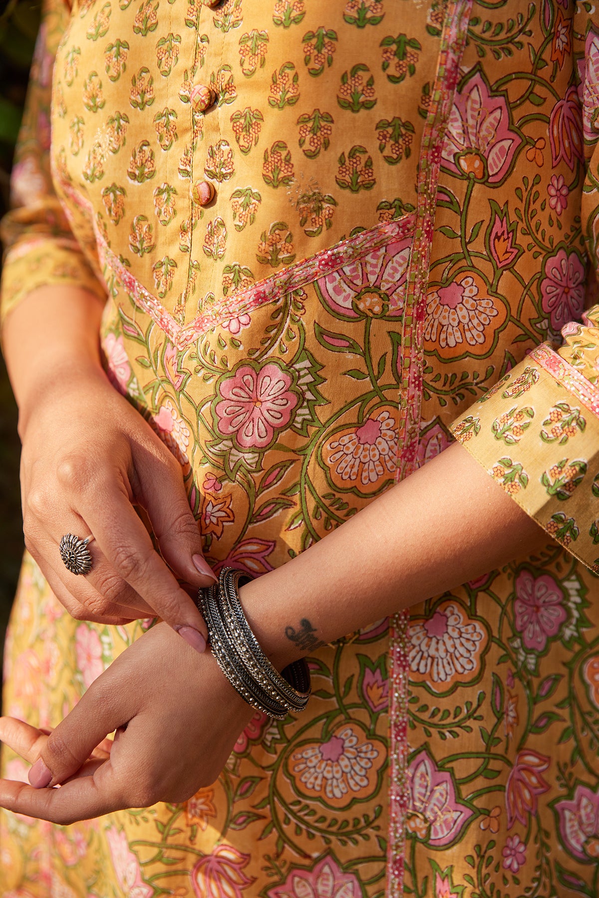 Mustard Block Printed Straight Kurta With Pink Butti