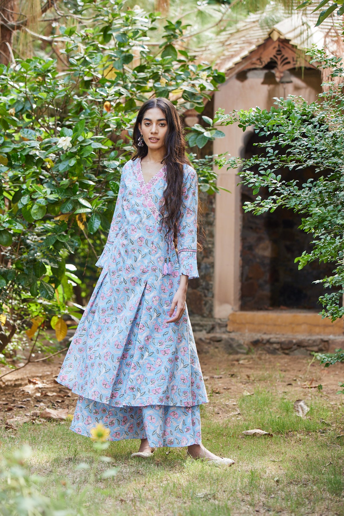 Light Blue Floral Print Angrakha Kurta-Dress