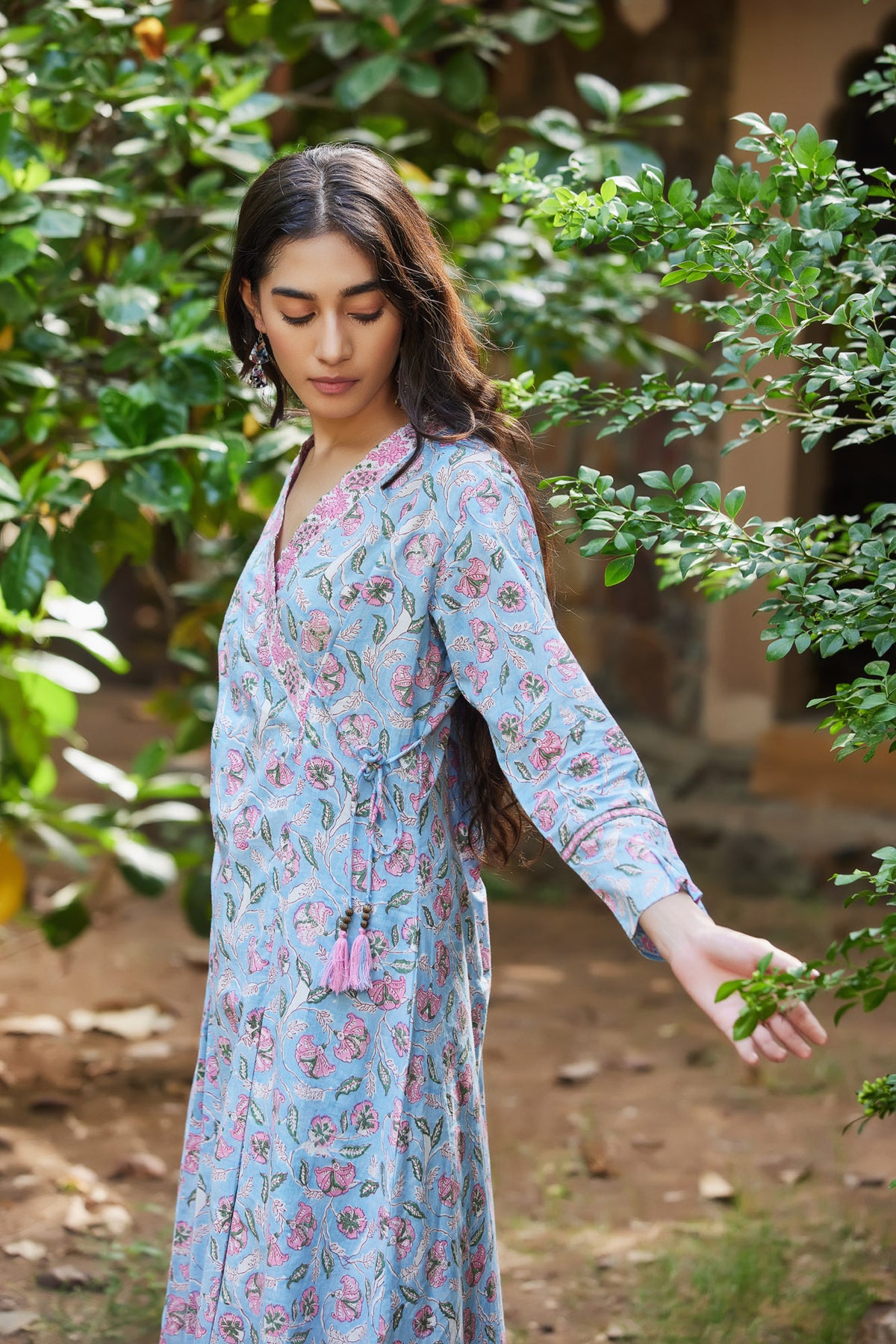 Light Blue Floral Print Angrakha Kurta-Dress