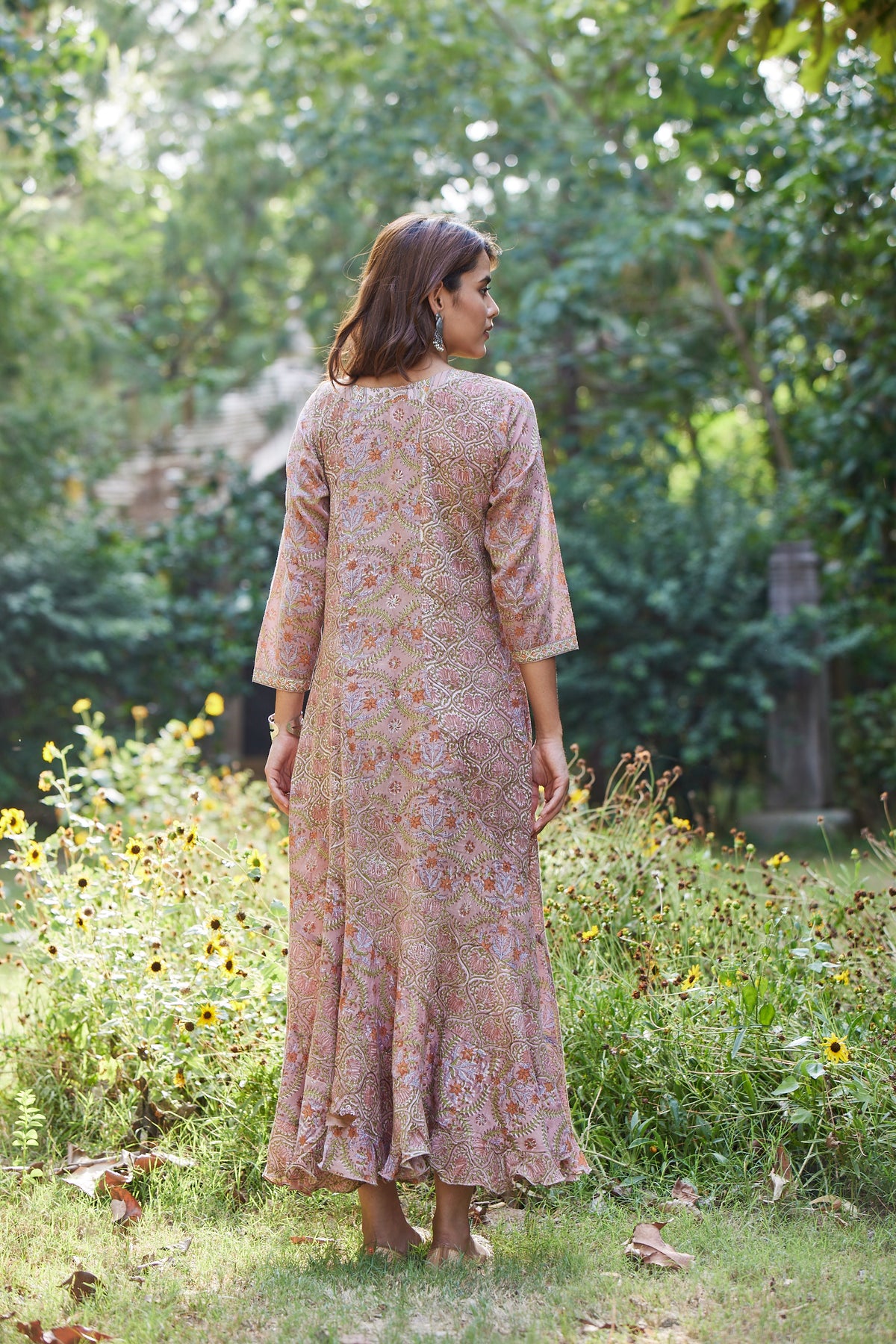 Hand Block Floral Print Ruffled Maxi Dress