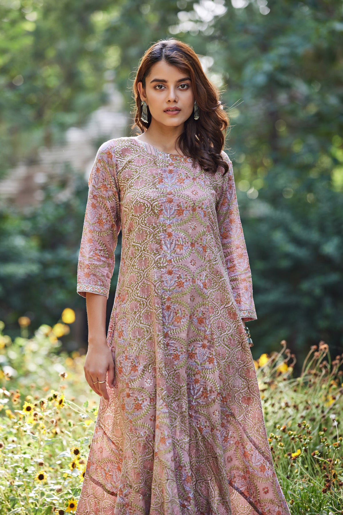 Hand Block Floral Print Ruffled Maxi Dress