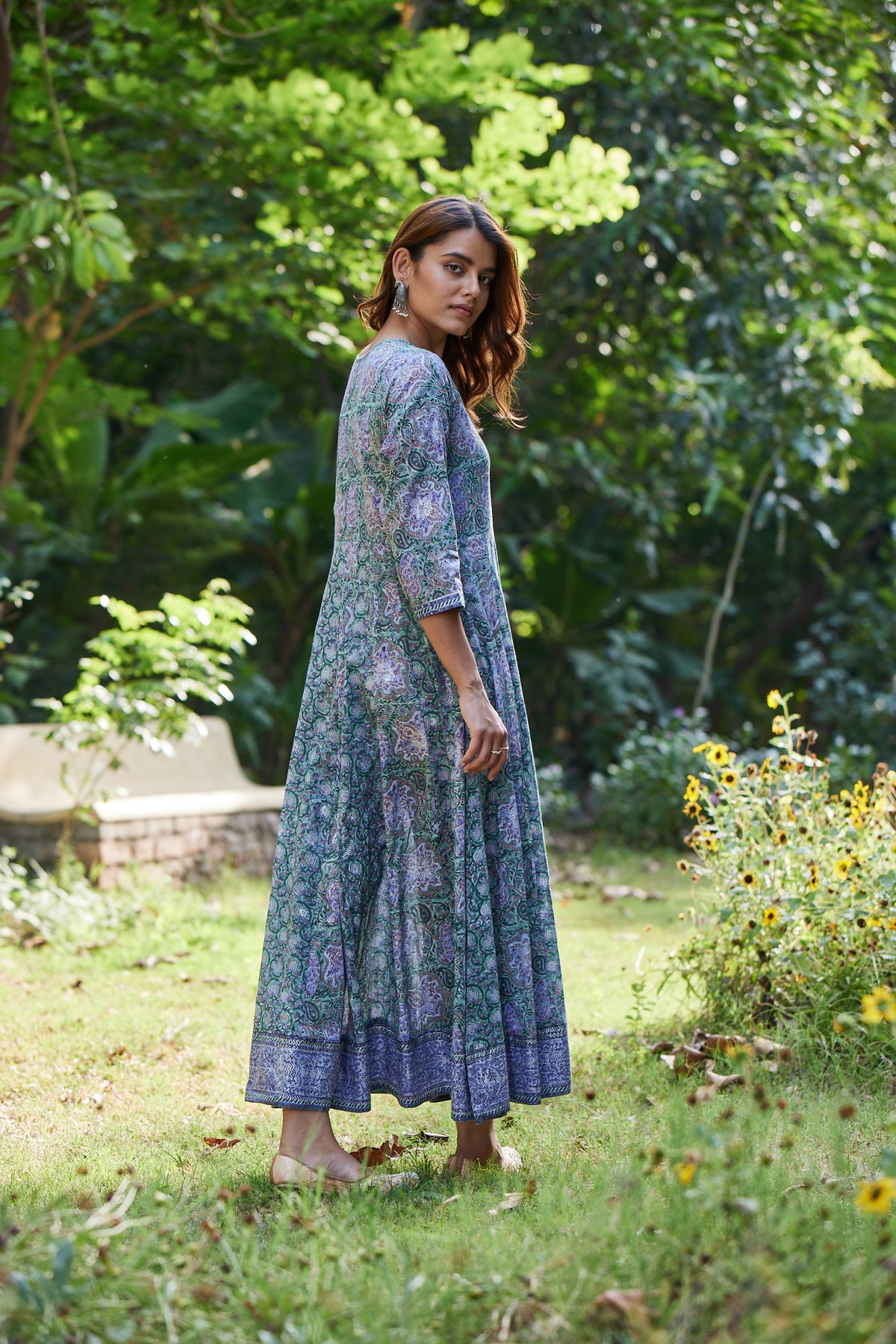 Long Hand Block Print Anarkali Dress