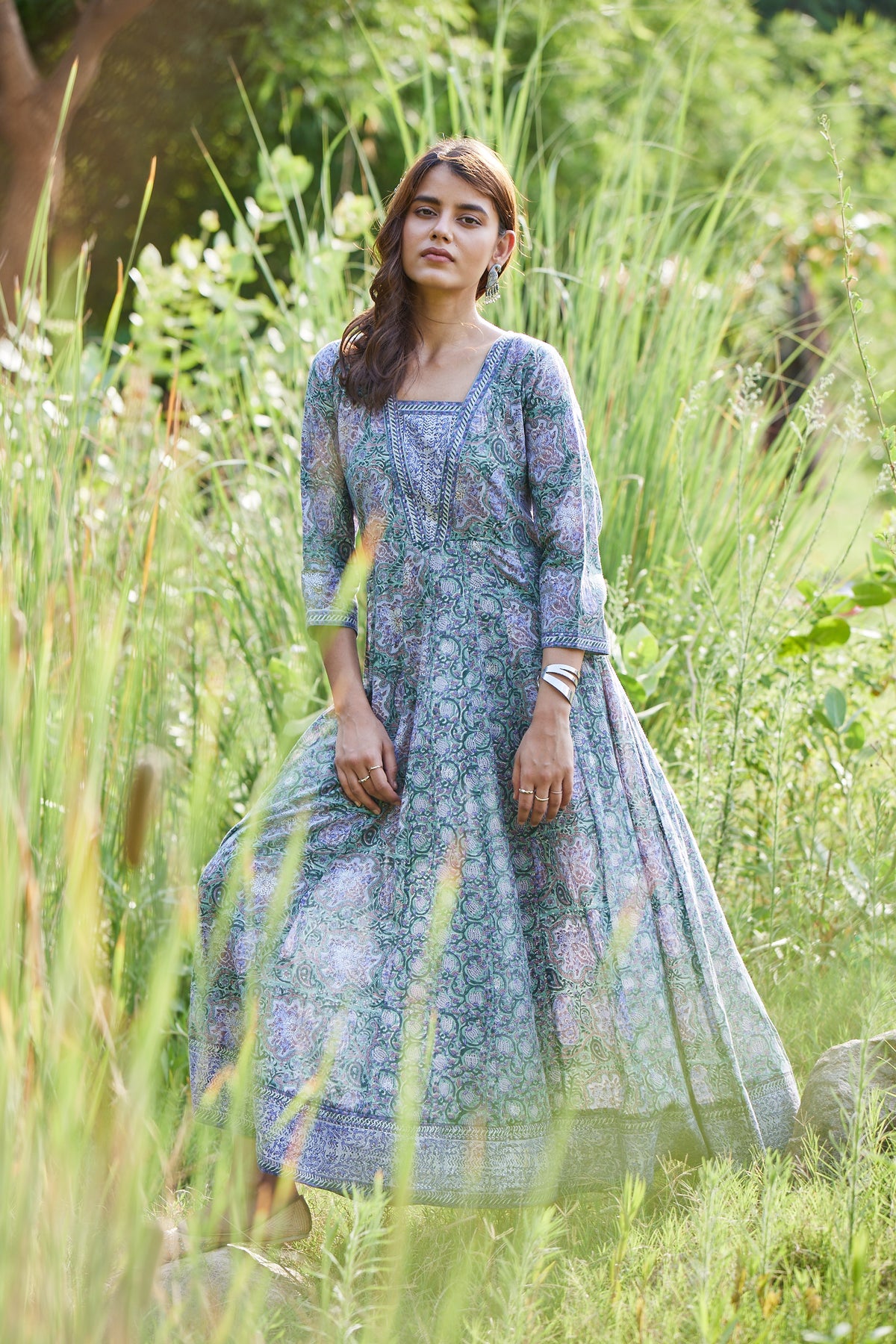 Long Hand Block Print Anarkali Dress