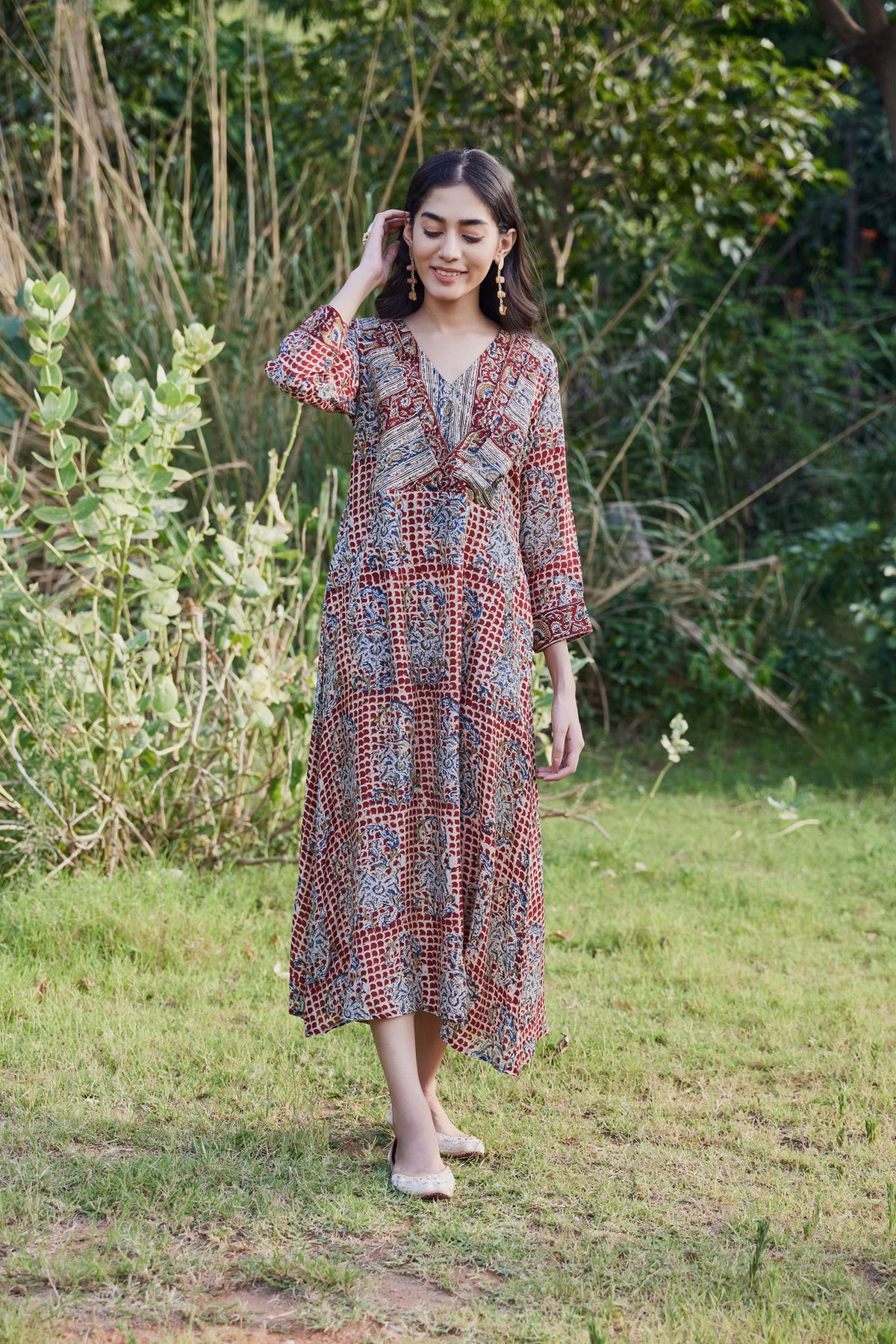 Hand Block Kalamkari Print Dress With Pockets