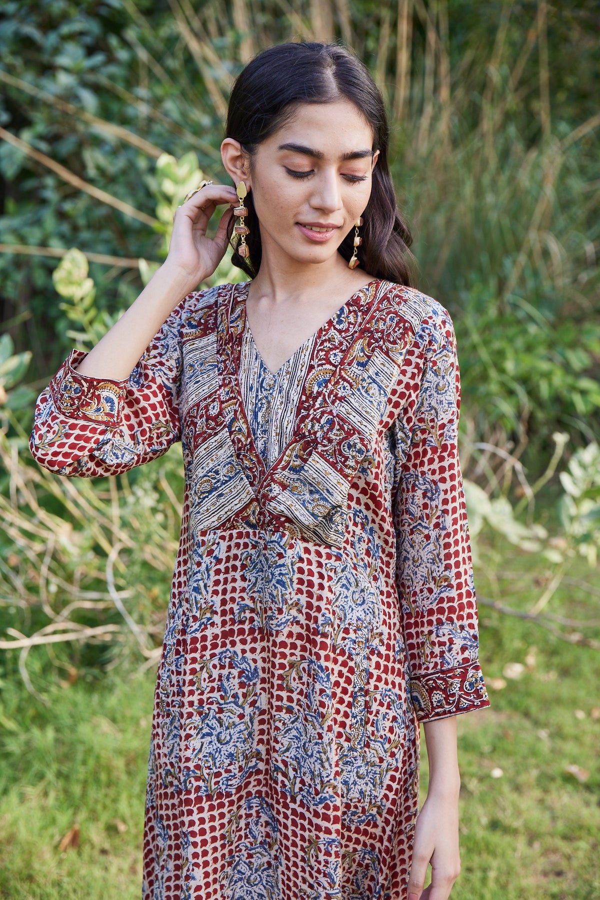 Hand Block Kalamkari Print Dress With Pockets