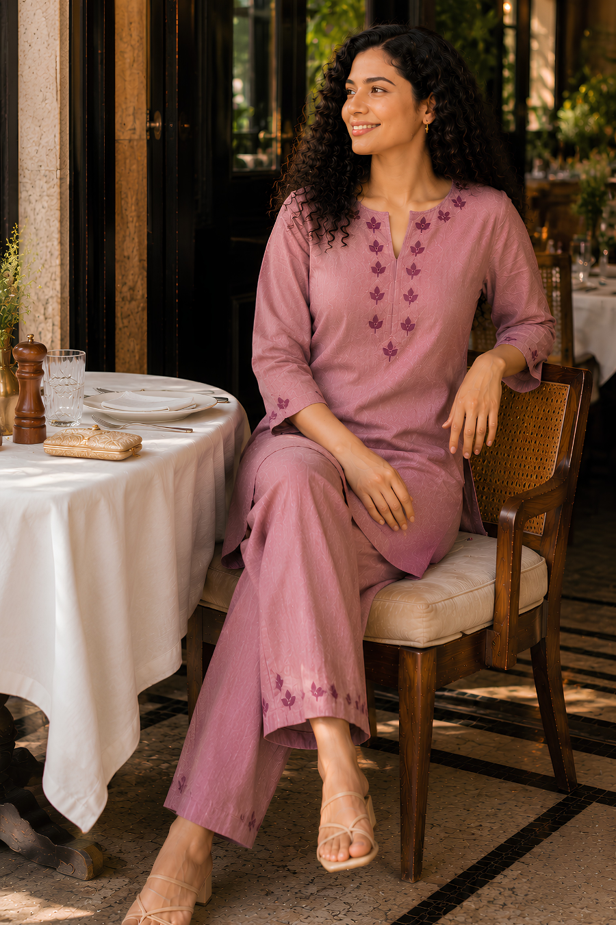 Pink Handwoven Shot Cotton Embroidered Co-ord Set