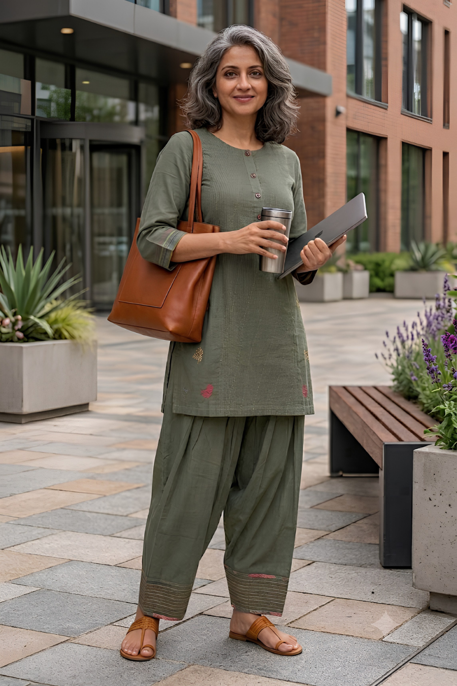 Sage Green Cotton Farshi Salwar Set with Pintucks & Hand Embroidery