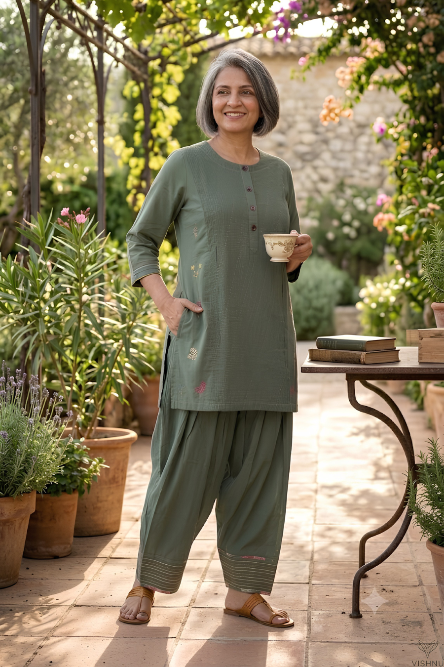 Sage Green Cotton Farshi Salwar Set with Pintucks & Hand Embroidery