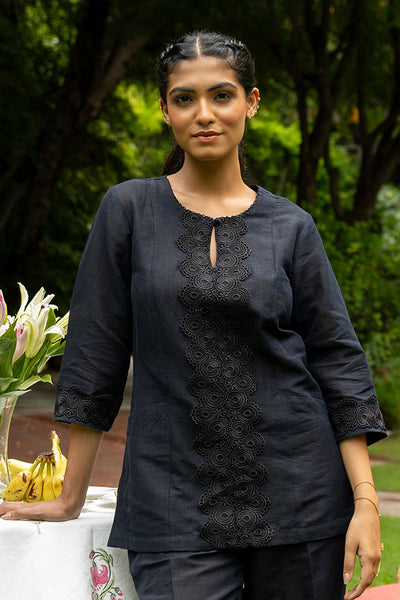 Handwoven Black Linen Kurti