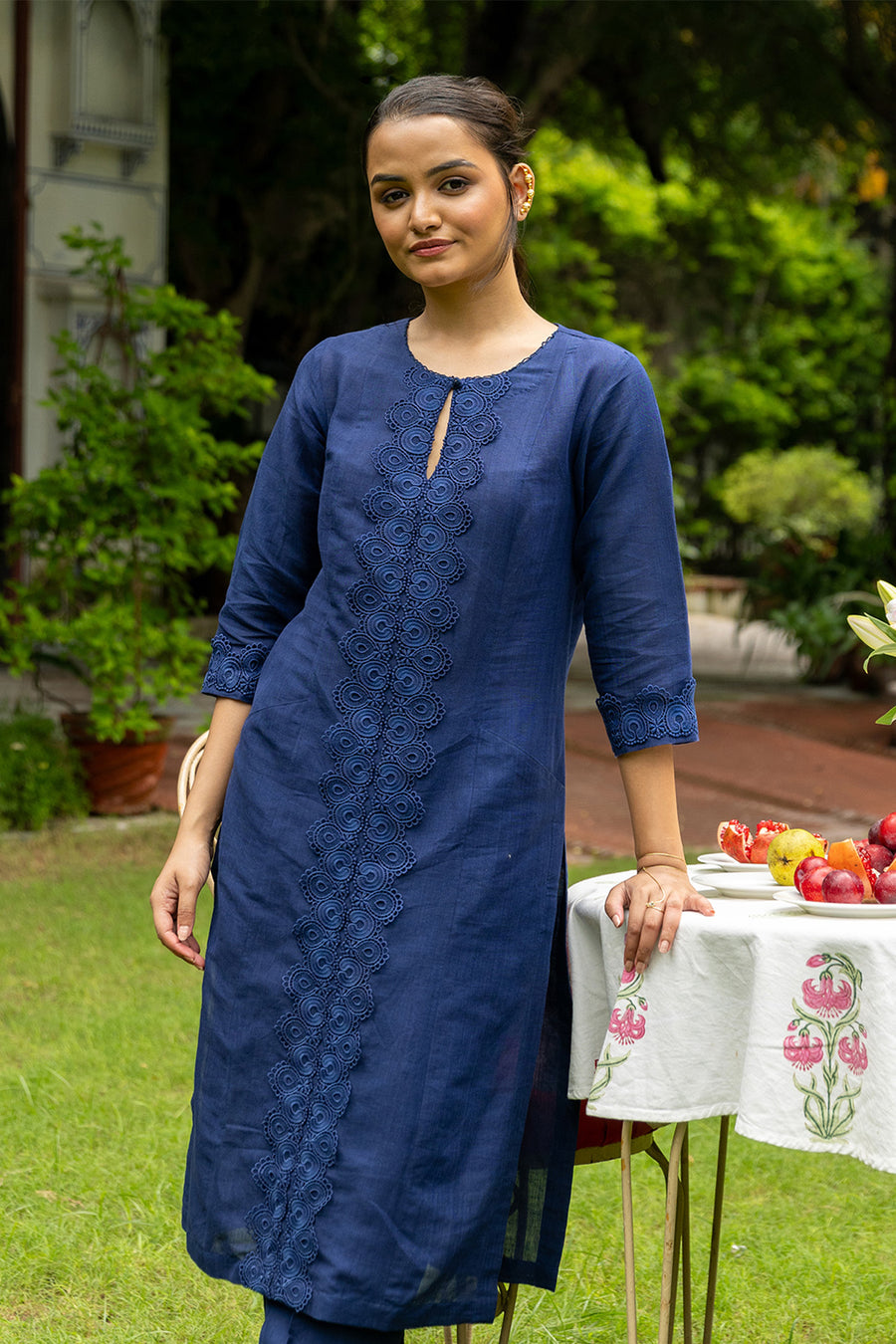 Long Blue Linen Kurta for women