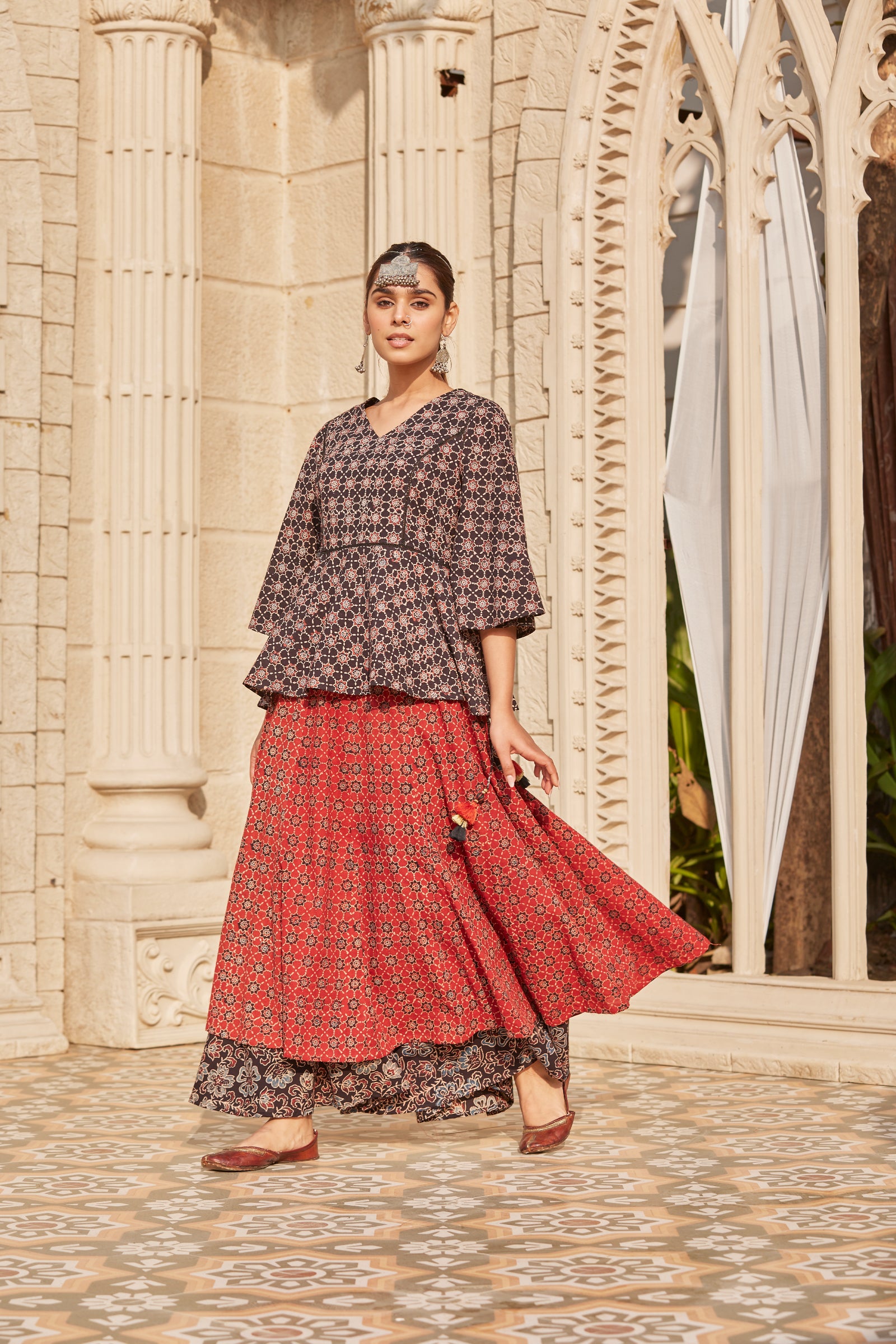 Buy Vishnu s Dual Layered Ajrakh Print Flared Long Skirt Online