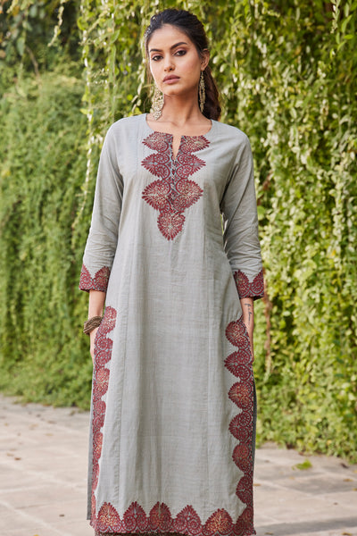 Introducing Vishnu's  Embroidered Solid Grey Kurta for Women