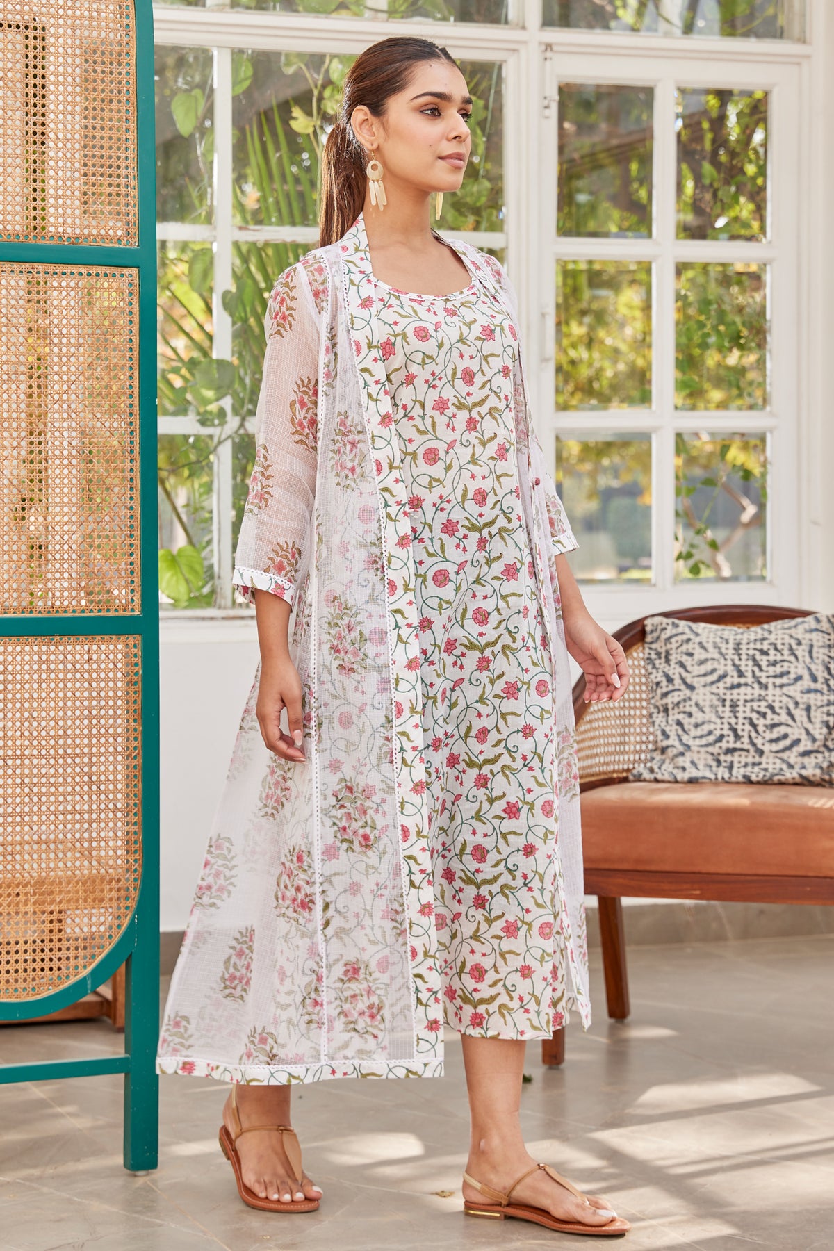Floral Hand Block Print Dress Co-Ord Set With Kota Cotton Shrug | The Vishnu Store