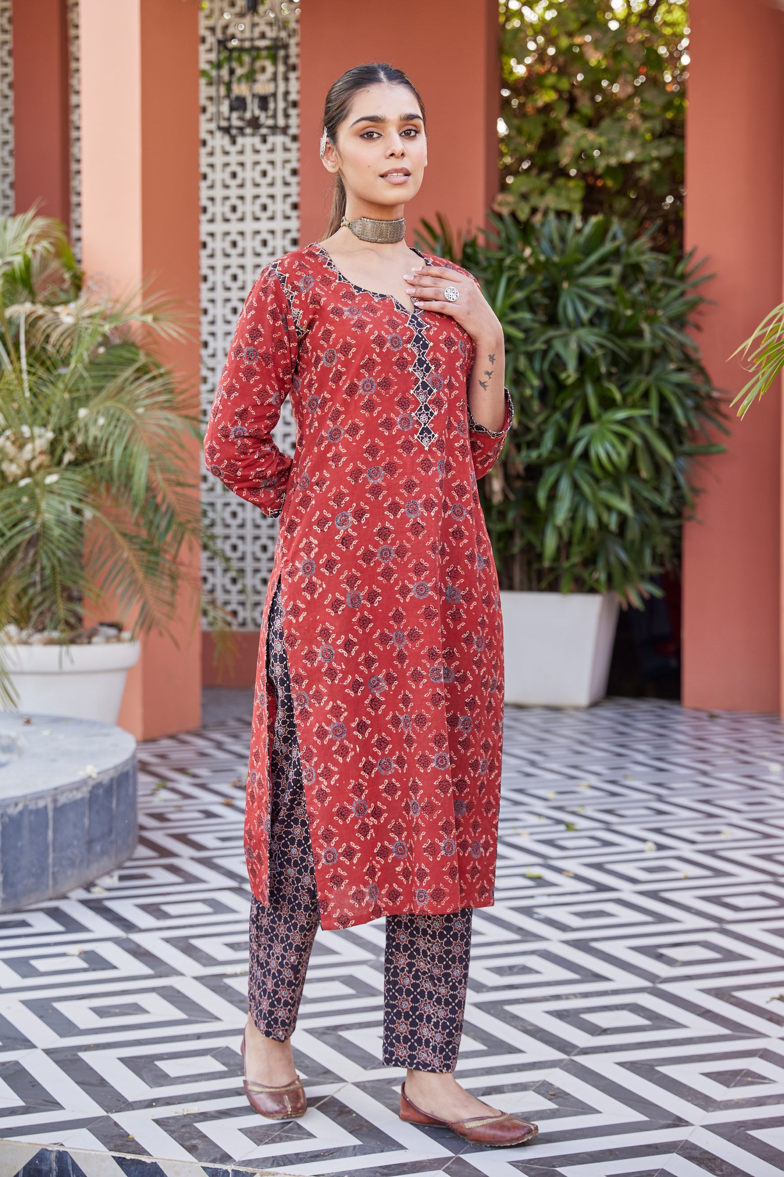 Embroidered Ajrakh Print Long Kurta for Women