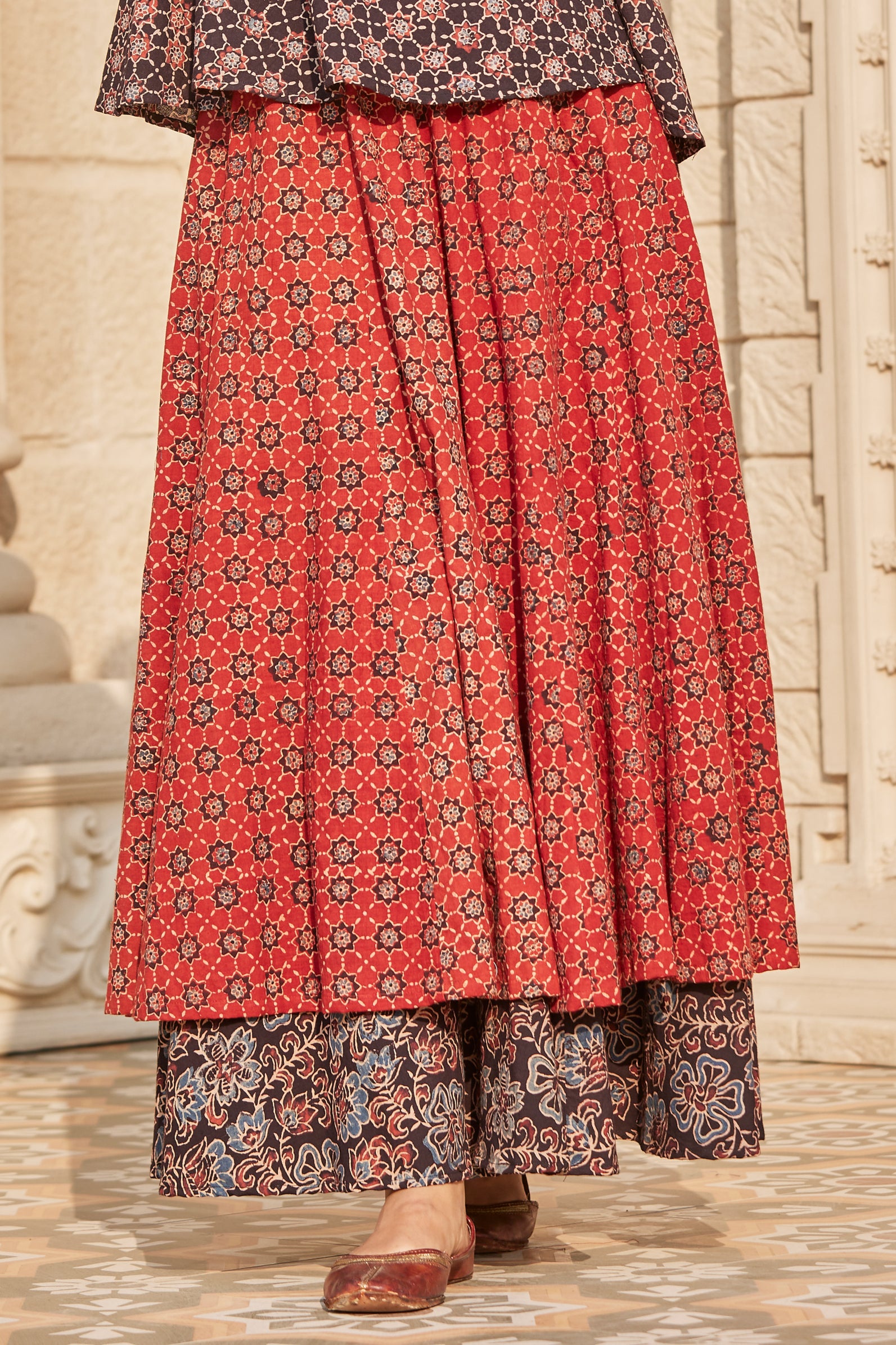 Dual Layered Ajrakh Print Flared Skirt | The Vishnu Store