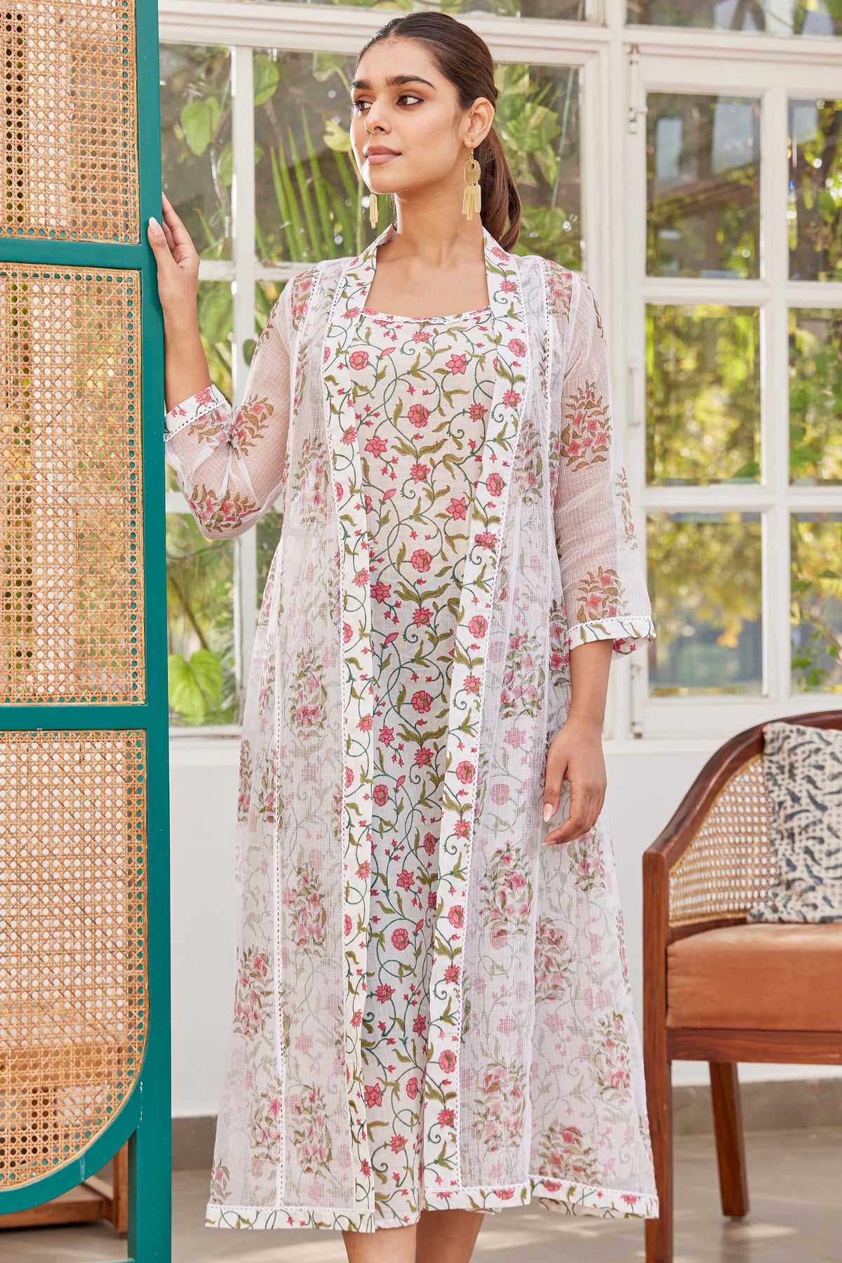 Floral Hand Block Print Co-Ord Set with Shrug for Women | The Vishnu Store
