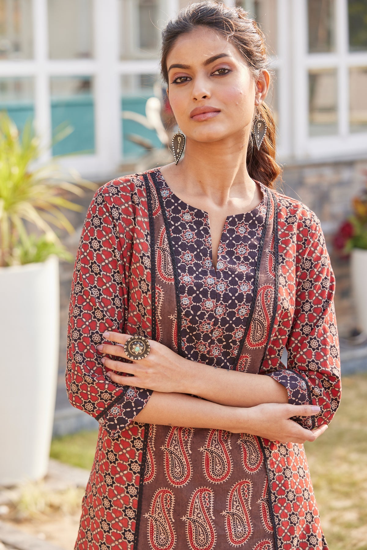 Ajrakh Hand Block Print 3/4 sleeves Kurta with lace detailing