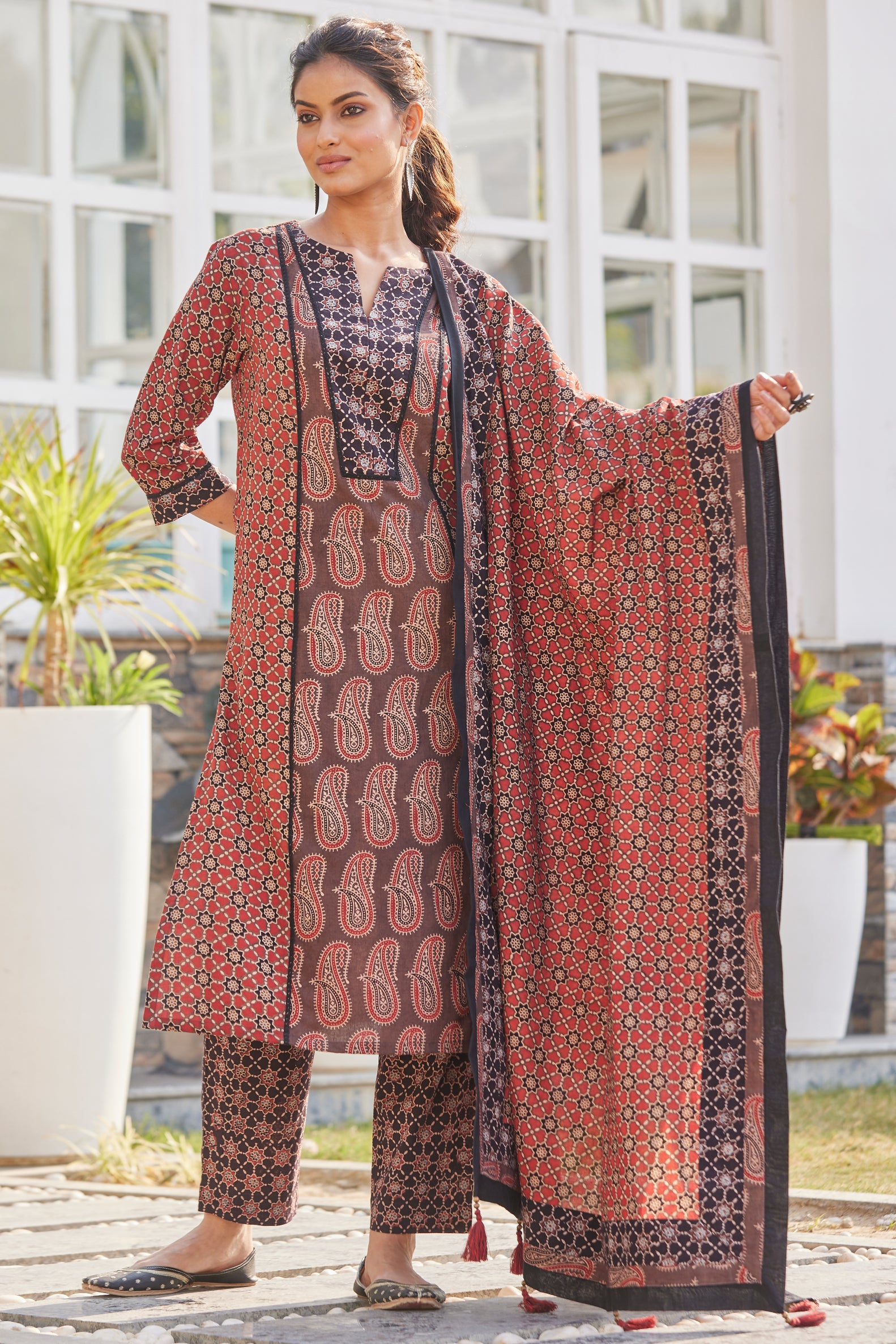 Ajrakh Hand Block Print Kurta with lace detailing