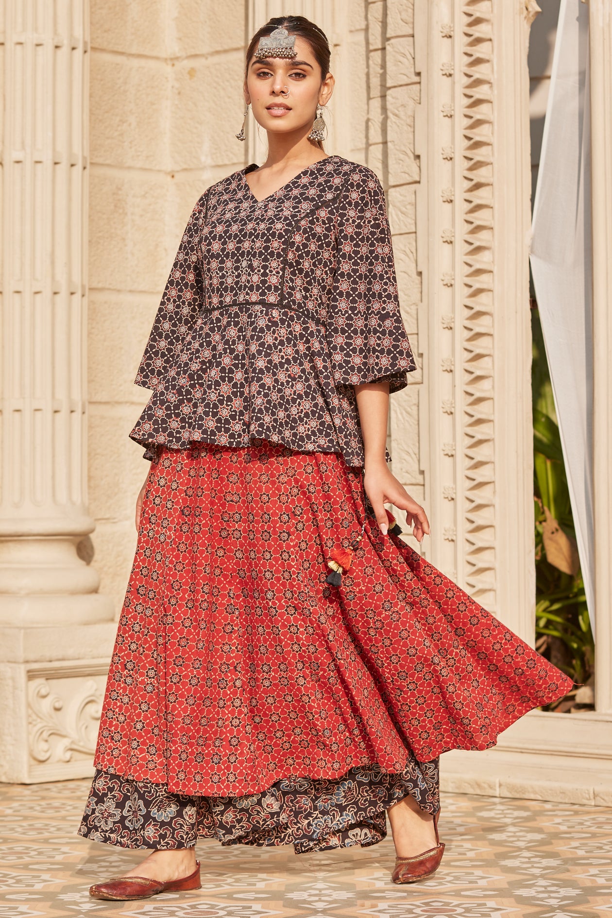 Buy Vishnu's Dual Layered Ajrakh Print Flared Long Skirt Online