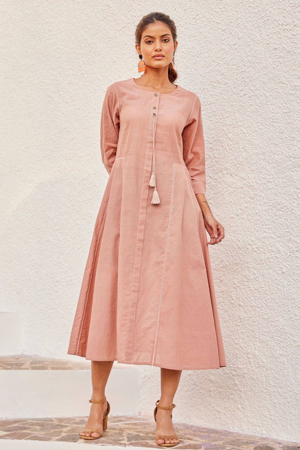 Solid Peach A-Line Cotton Dress
