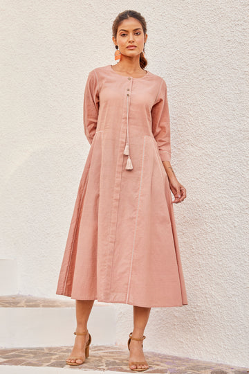 Shop Stylish Solid Peach A-line Cotton Dress For Women