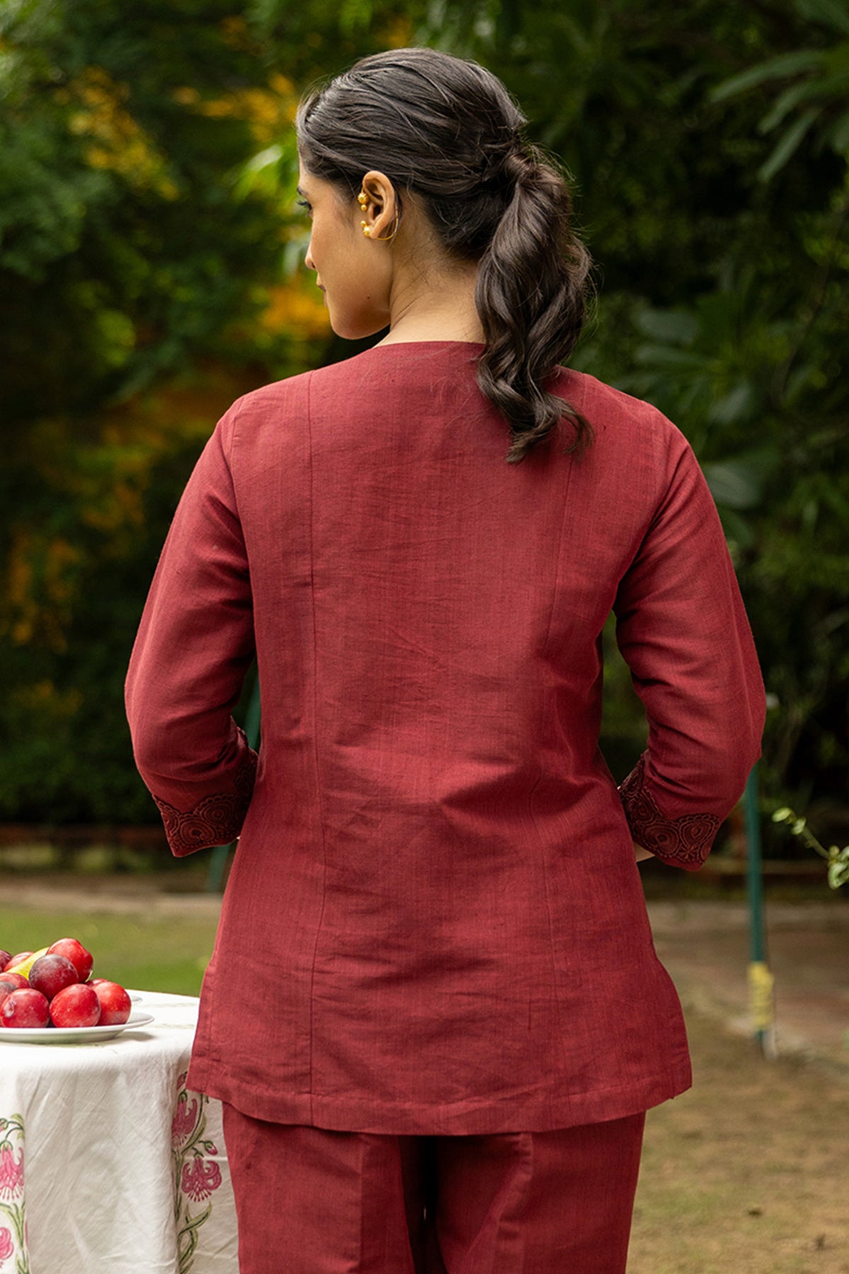 Handwoven Maroon Linen Kurti with Lacework and Qureshia Buttons