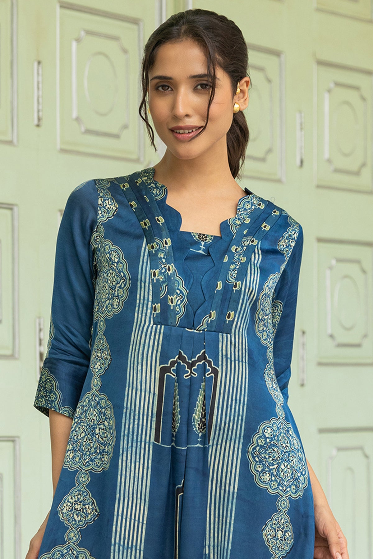 Soft Modal Pleated Dress with Ajrakh Hand Print