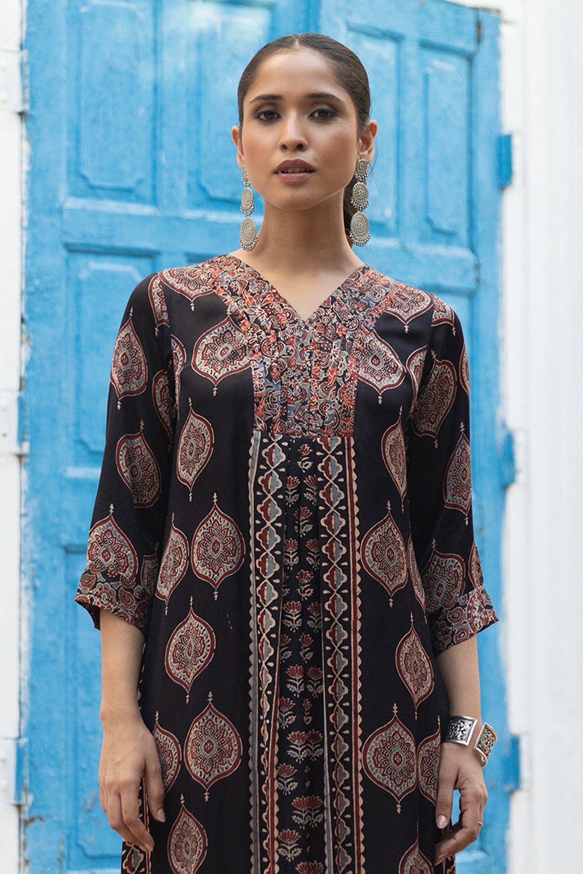 Modal Pleated Dress with Ajrakh Hand Block Print