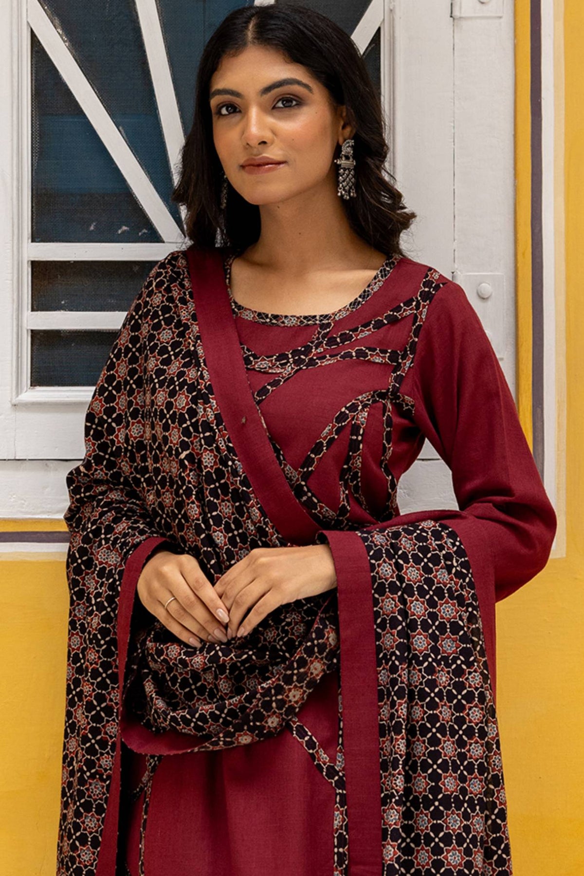 Maroon 3-Piece Slub Cotton Ajrakh Patchwork Suit Set 