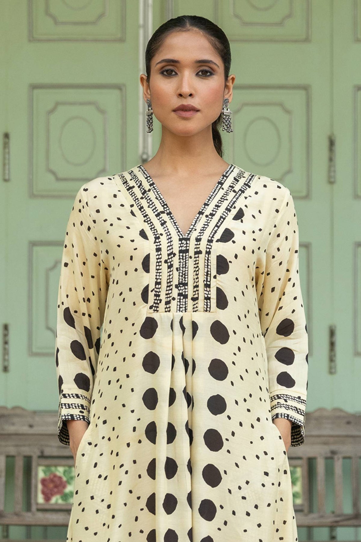 Muslin Dress with Bagru Polka Dot Print and Pleated Details