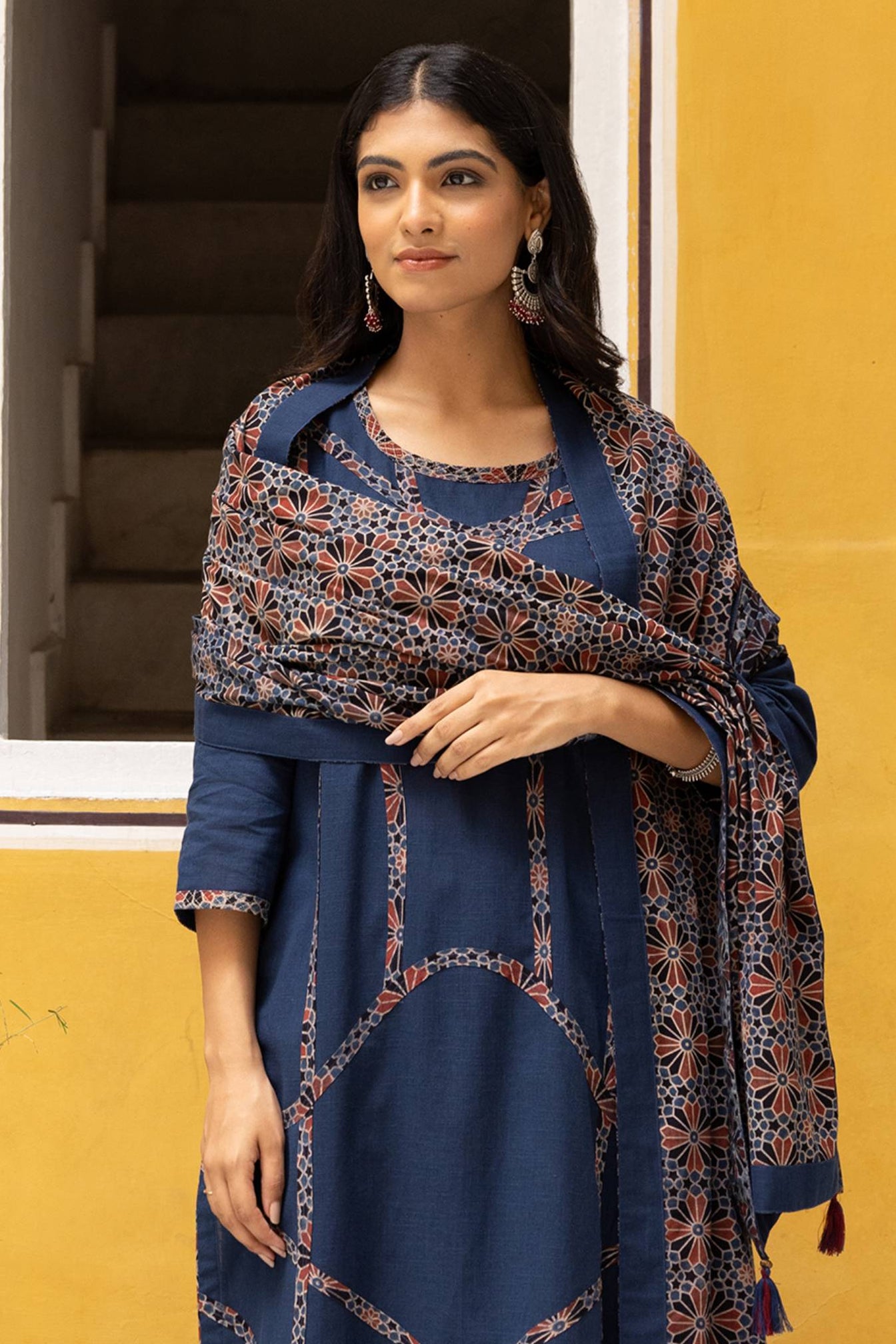 Blue Ajrakh patchwork Slub Cotton 3-Piece Suit