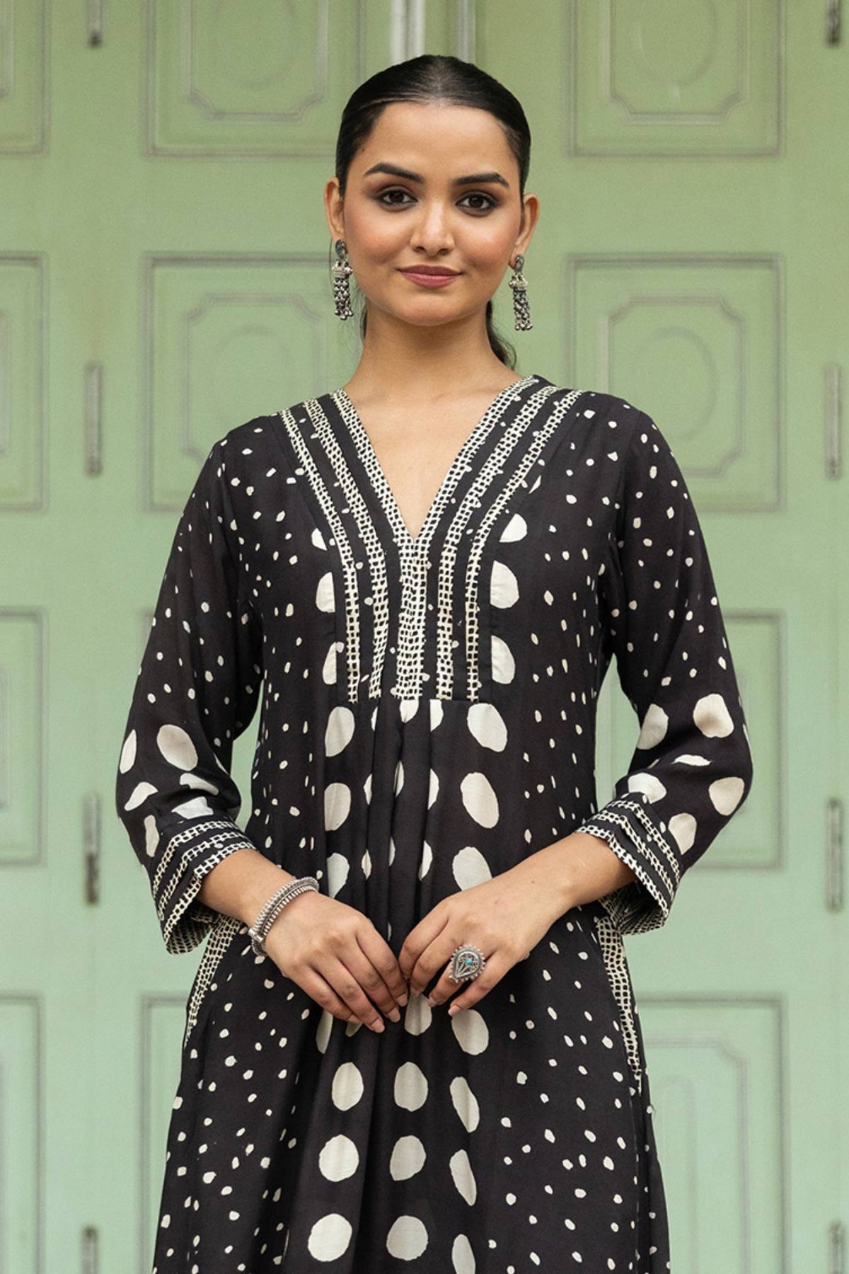 Black Muslin Anti-Fit Dress with Bagru Polka Dot Print