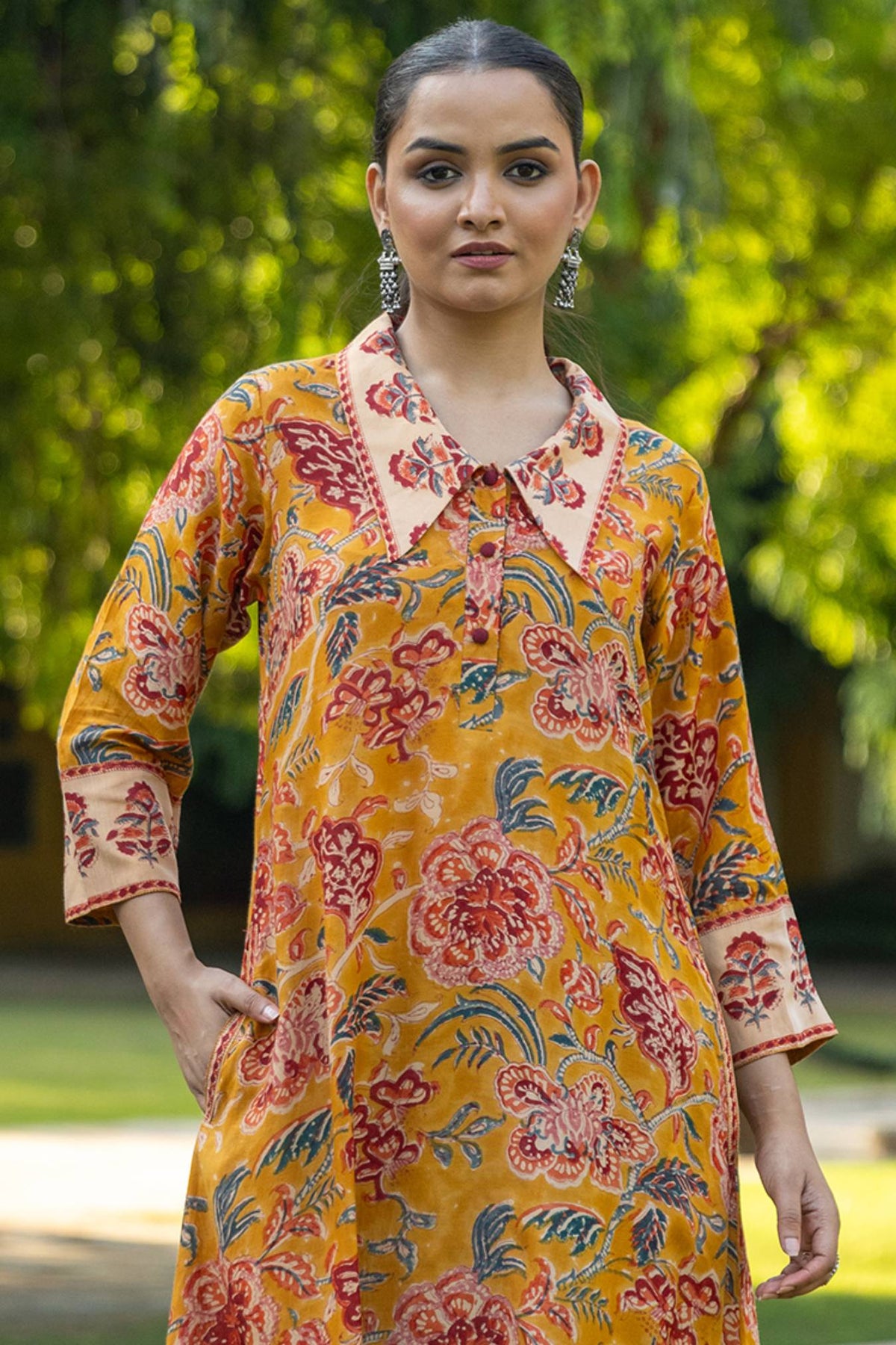 Mustard Muslin A-Line Dress with Boota Hand Block Print and Long Collar