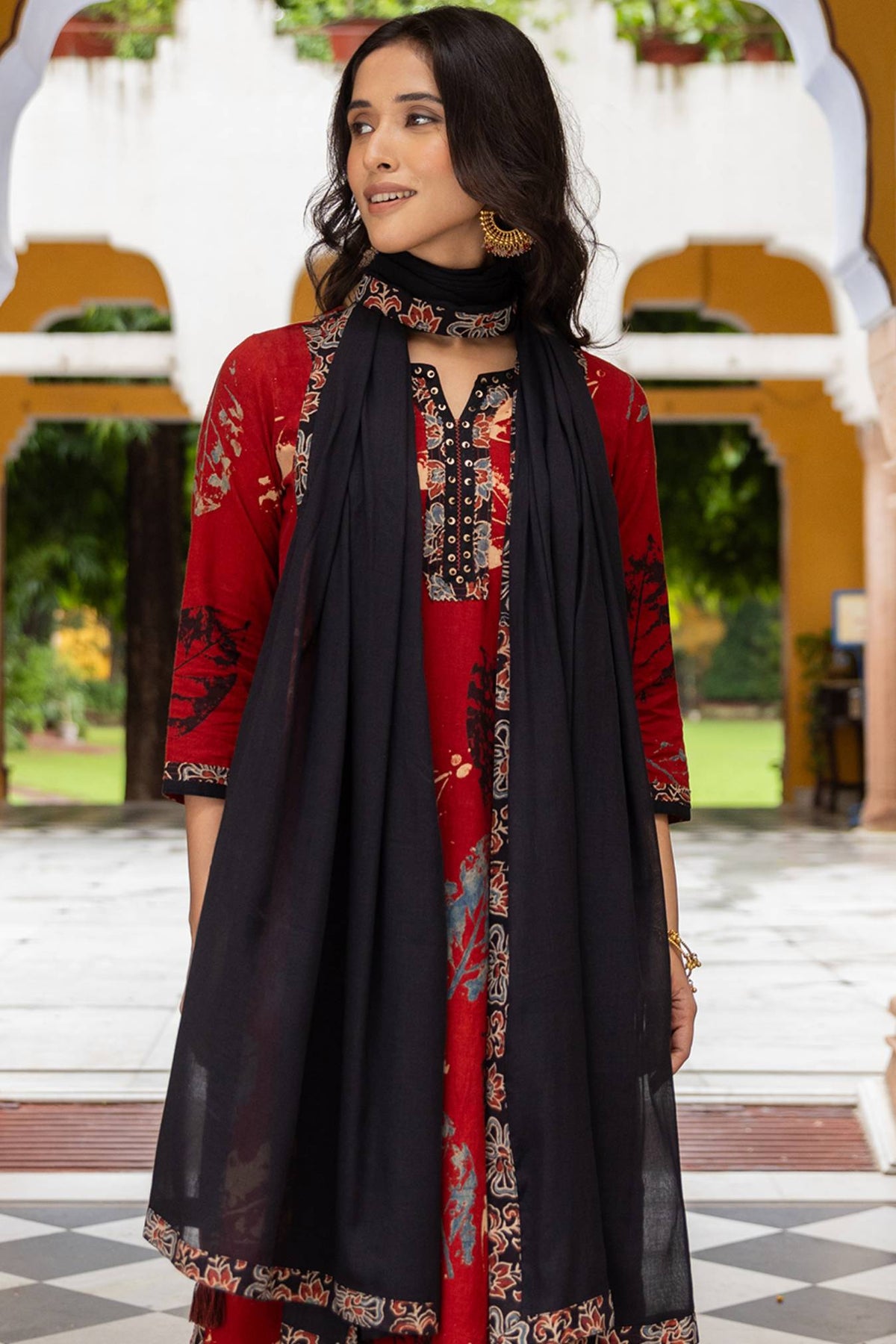 Black Cotton Dupatta with Ajrakh Printed Sides