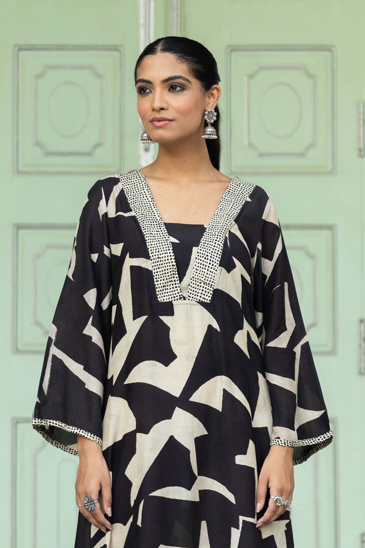 Muslin A-Line Dress with Bagru Abstract Print